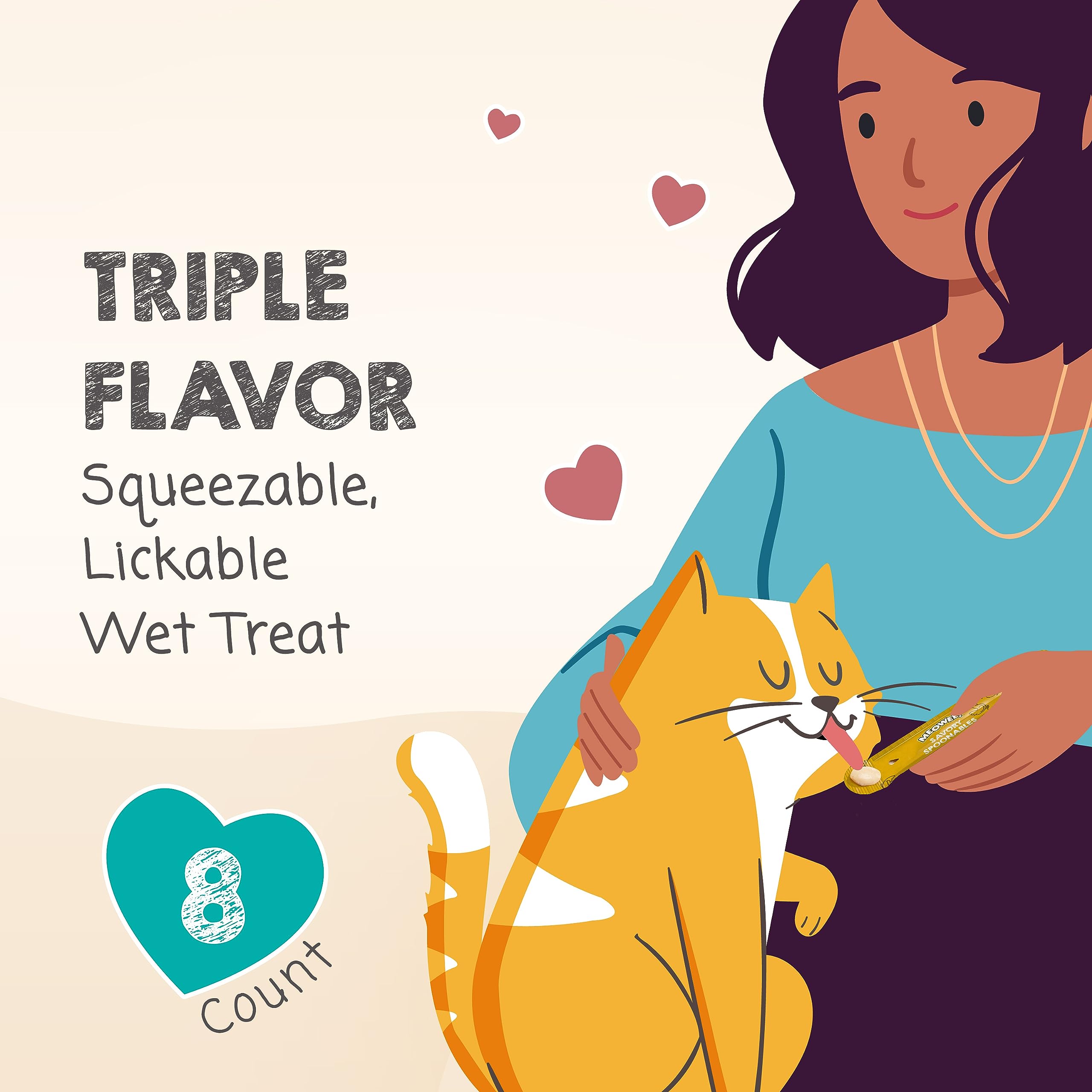 MEOWEE! Savory Spoonables with Real Chicken, Salmon and Duck for Cats, 8 Count, Treat Your Cat to Triple Flavor Squeezable Licka