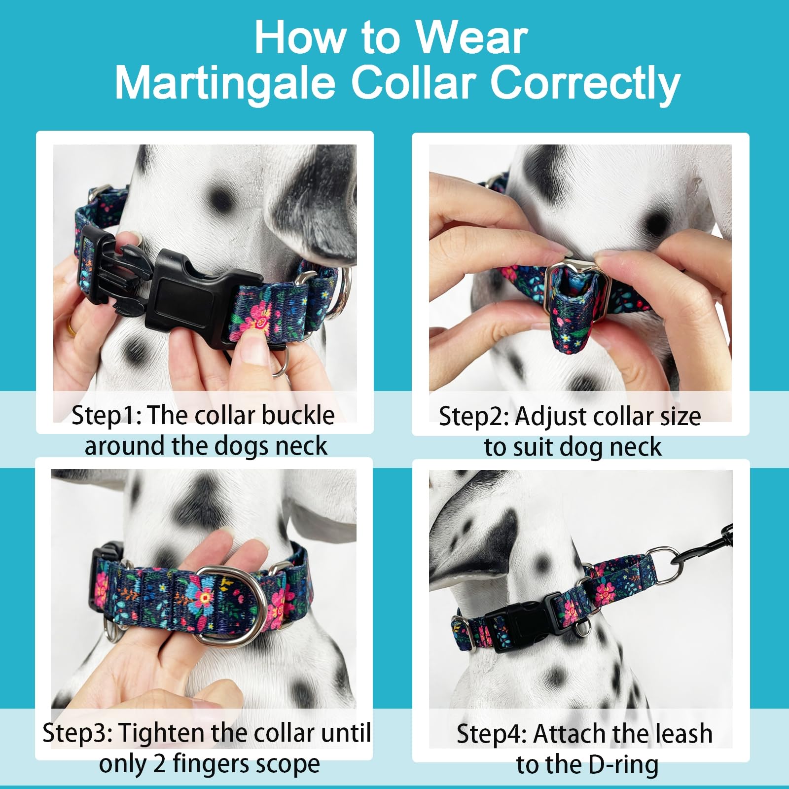 Fidohug Slip Collar for Dogs Martingale Collar with Buckle Floral Adjustable Soft Nylon Dog Collars (Blue Pink Flower, Large)