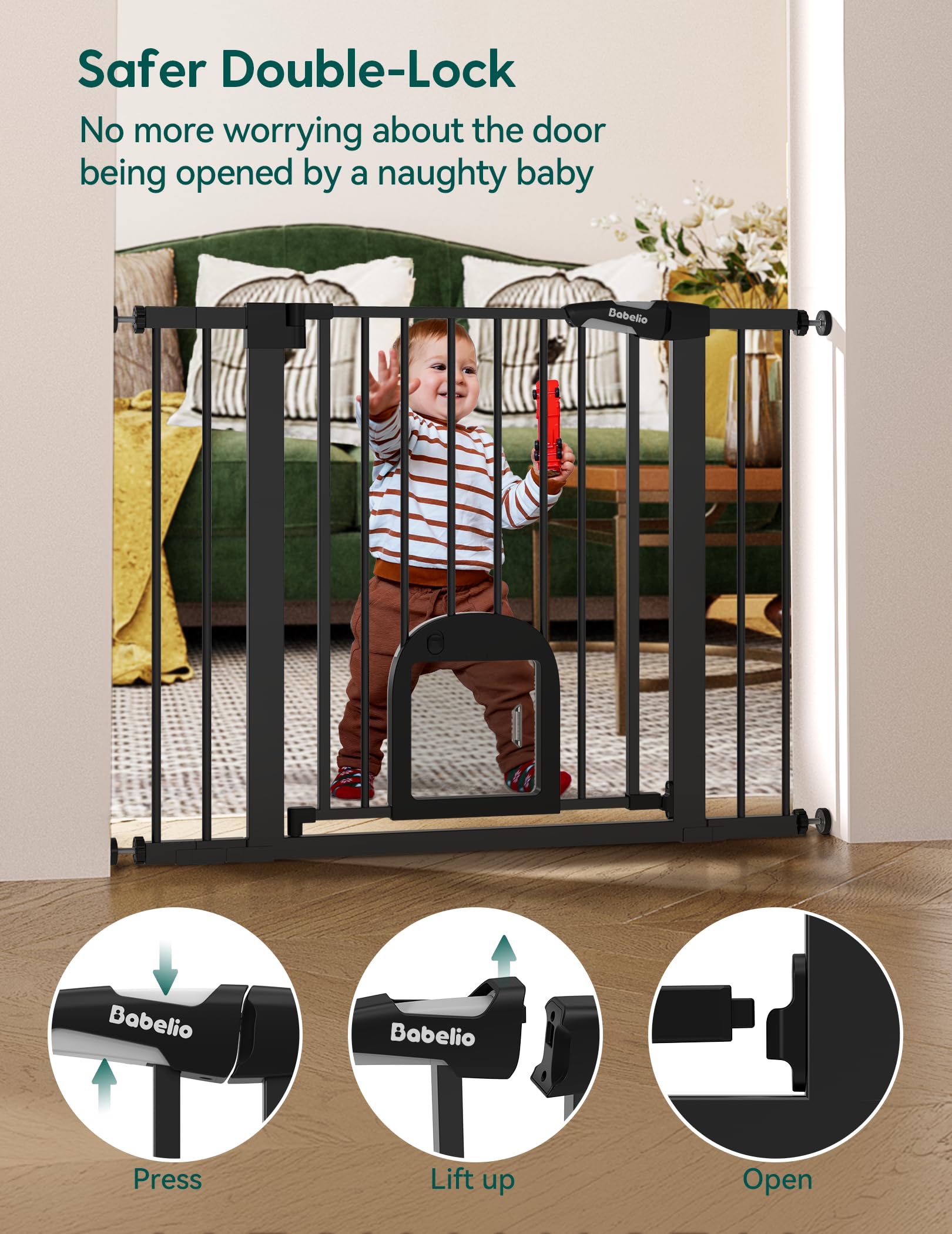 Babelio Upgraded Baby Gate with Cat Door, 29-43 Auto Close Durable Dog Gate for Stairs, Doorways and House, Easy Walk Thru Safet