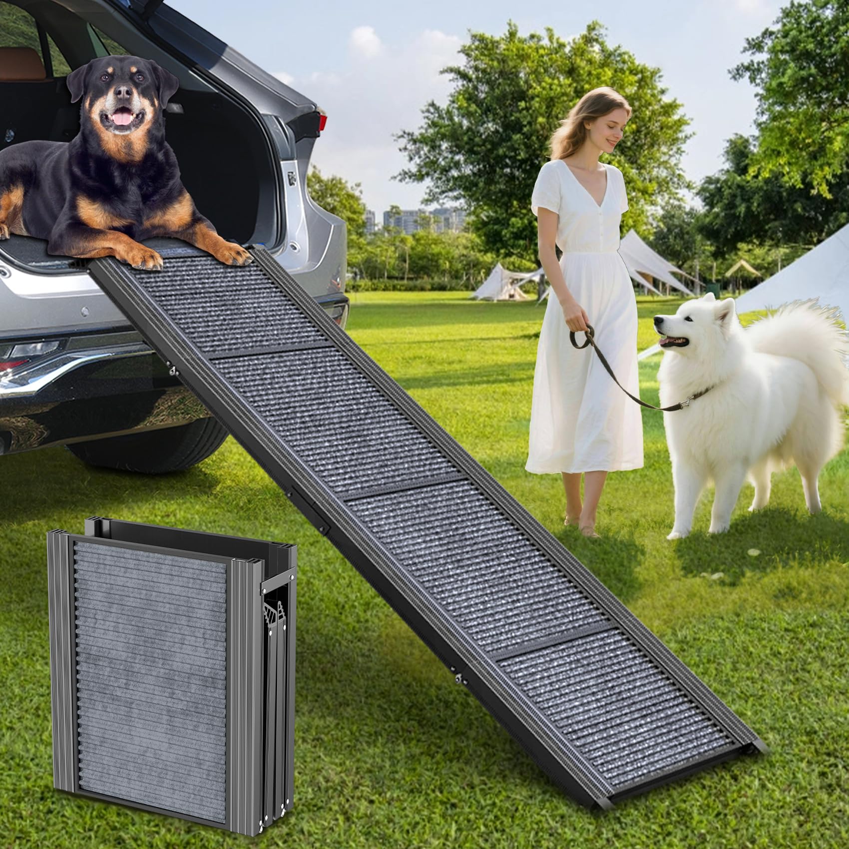 PetRuna Dog Ramp for Car 63 Long & 17.3 Wide Portable Dog Ramps for Large Dogs with Non-Slip Rug Surface Dog Car Ramp for SUV Ca