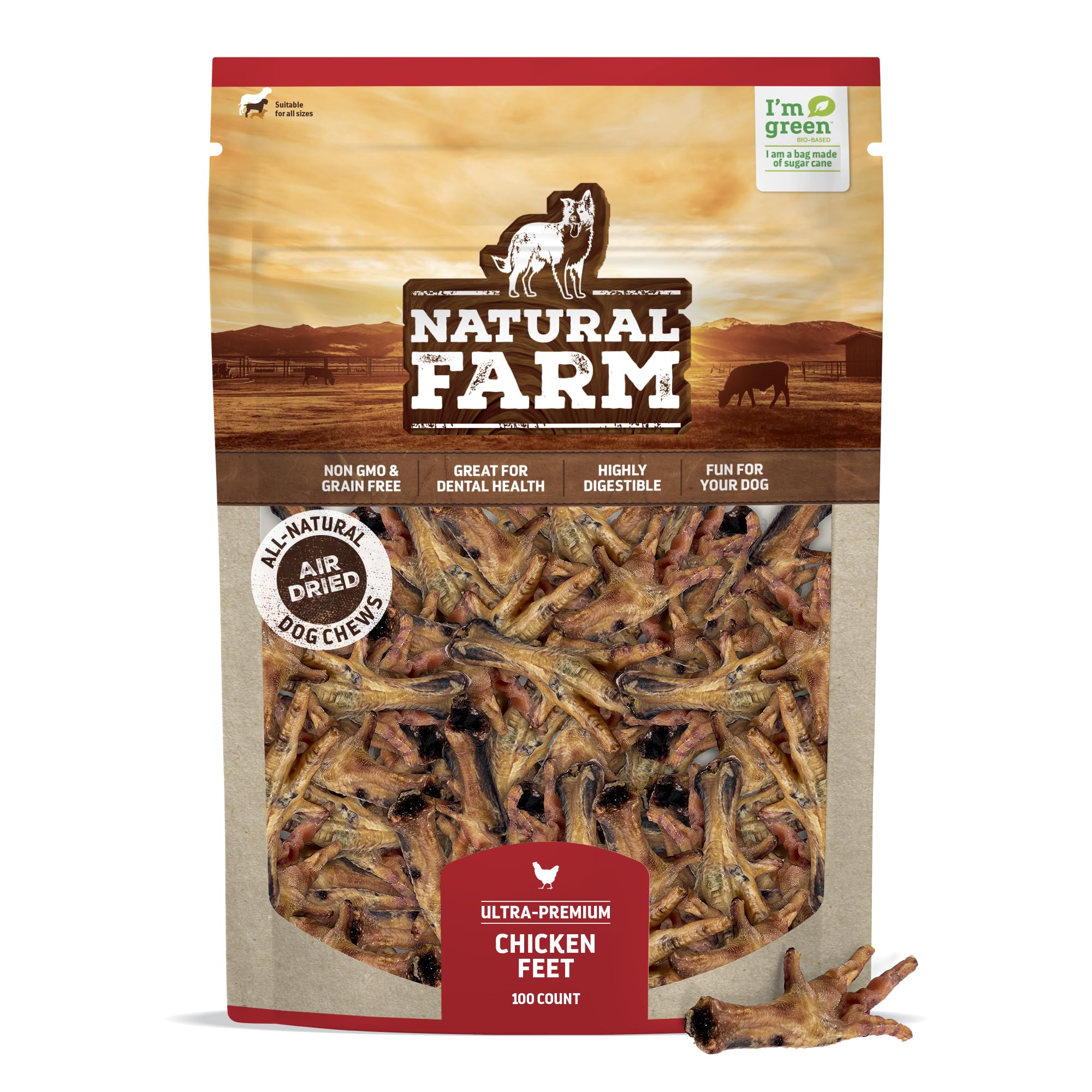 Natural Farm Nail-Free Chicken Feet Dog Treats (100 Pack), 100% Free-Range Air Dried Chicken Feet, No Nails, Fully Digestible, H