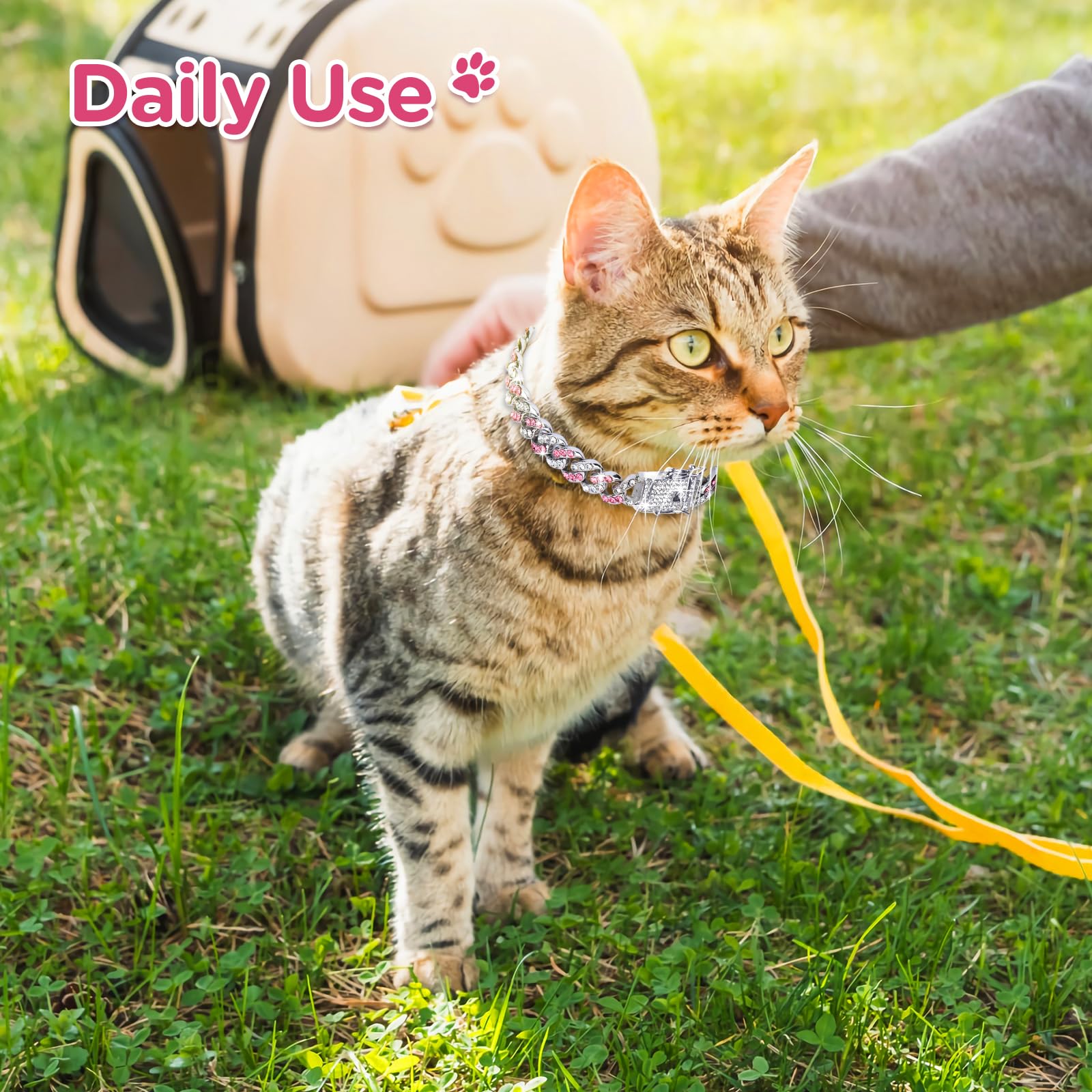 9Inch Glitter Dog Collar Pink Silver Diamond Collars Cuban Girl Necklace Puppy Pet Metal Link Chain With Buckle Christmas Pet Jewelry Accessories Chain For Small Dogs Cats