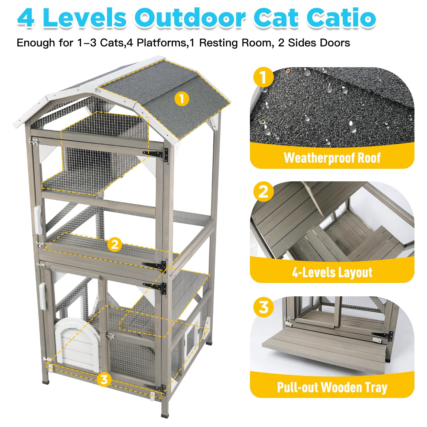 Gowoodhut 71'' Large Cat House Outdoor Catio Enclosures Indoor Kitten Cages With Attachable Window Resting Box,Waterproof Roof