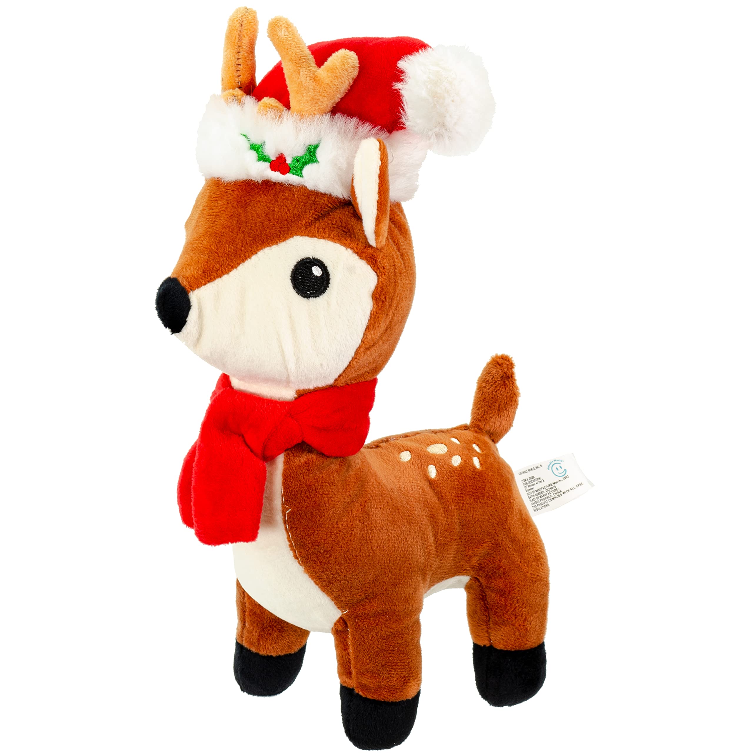 Giftable World Holiday Plush Pet Toy Fun For Christmas Designs With Squeaker Dog Chew Toy (10'' Reindeer W/Hat & Squeaker)
