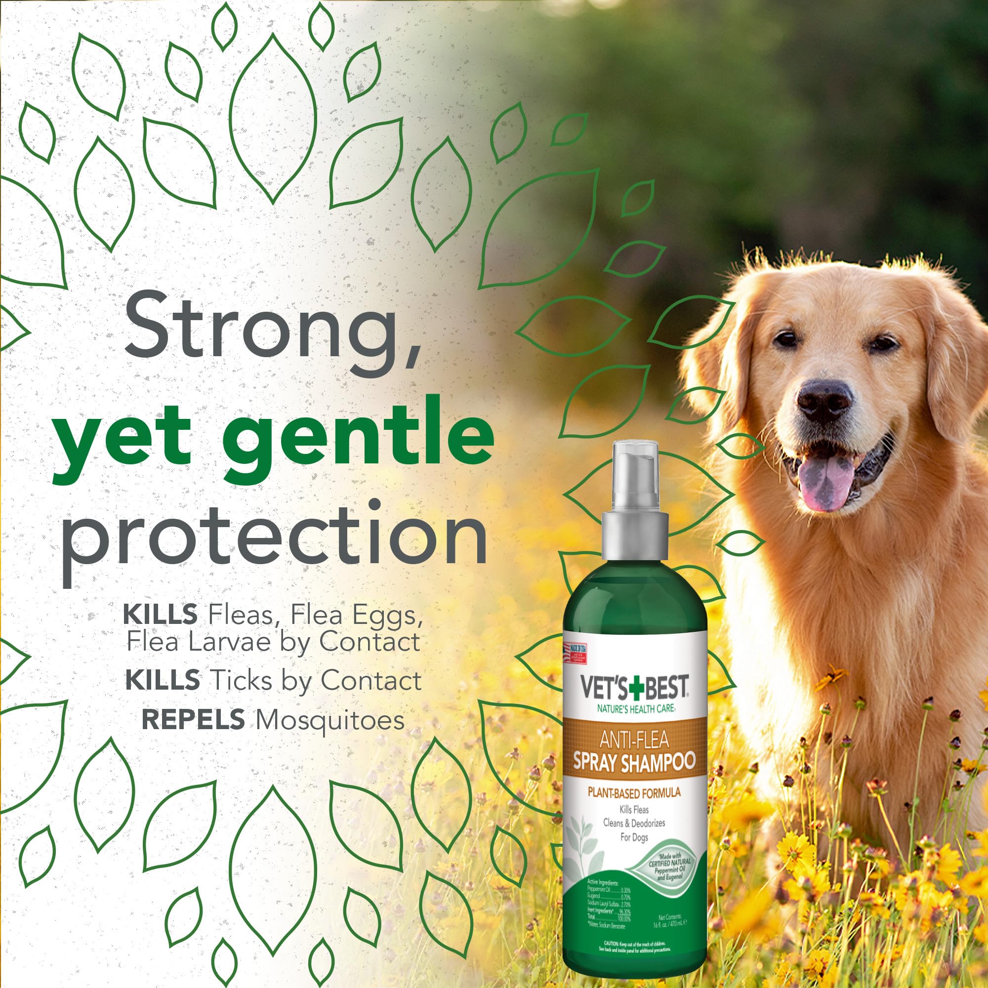Vets Best Anti-Flea Spray Shampoo - Dog Flea and Tick Treatment - Plant-Based Formula - Certified Natural Oils - 16 oz