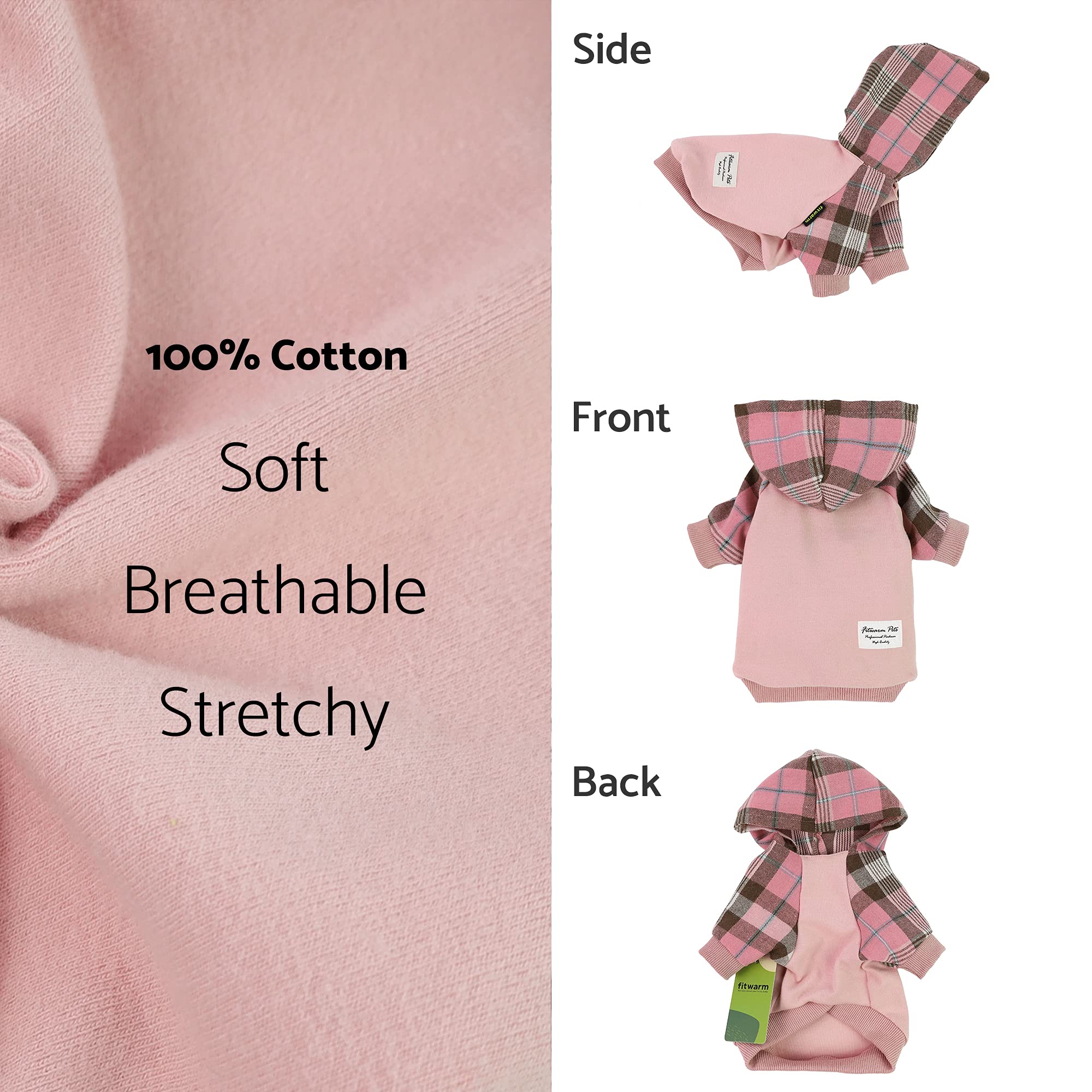 Fitwarm 100% Cotton Girl Plaid Dog Clothes Lightweight Puppy Hoodie Pet Sweatshirt Doggie Hooded Outfits Cat Apparel Pink Large