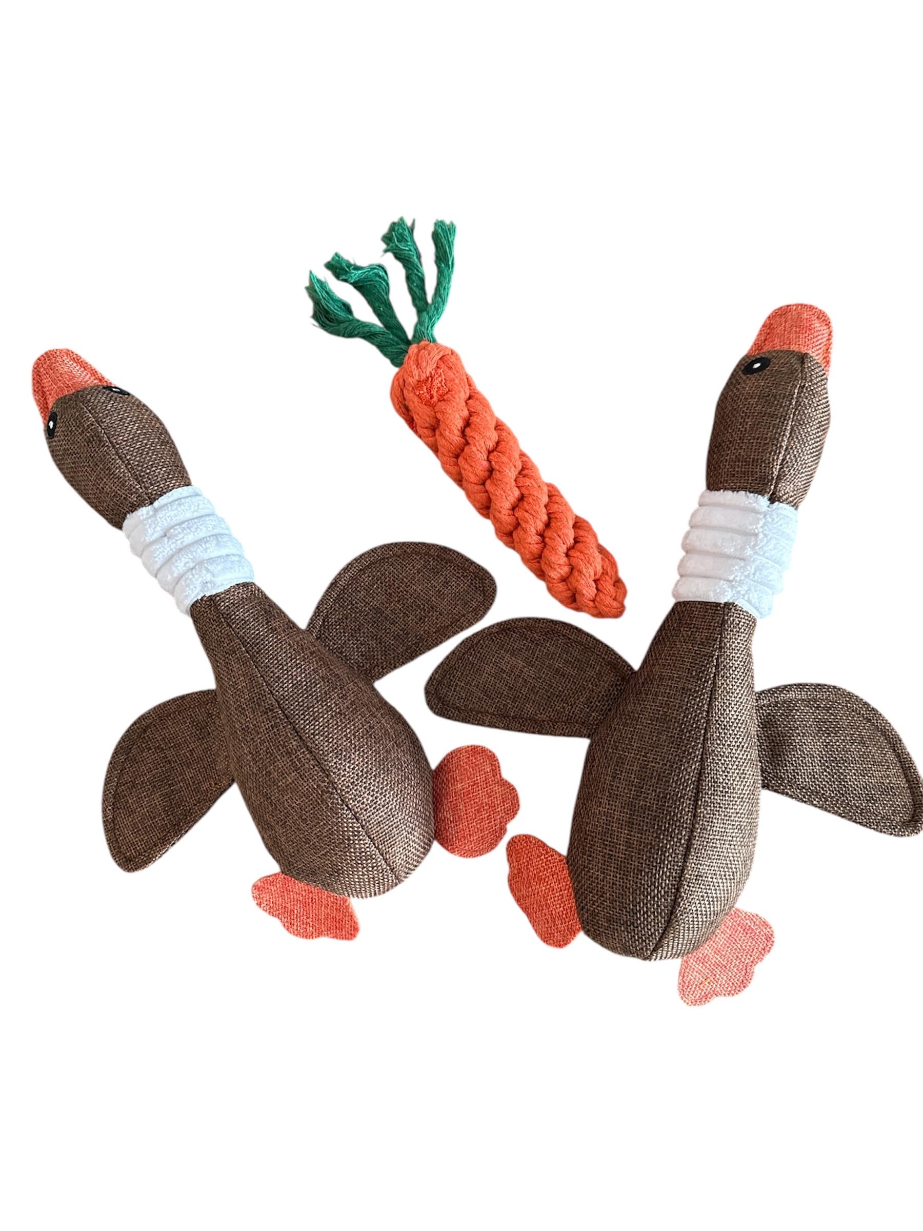 ILC Buy Dog Toy Bundle - 2 Durable Plush Squeaky Goose Toys + 1 Carrot Rope Chew Toy - Interactive Play Set for Small & Medium D