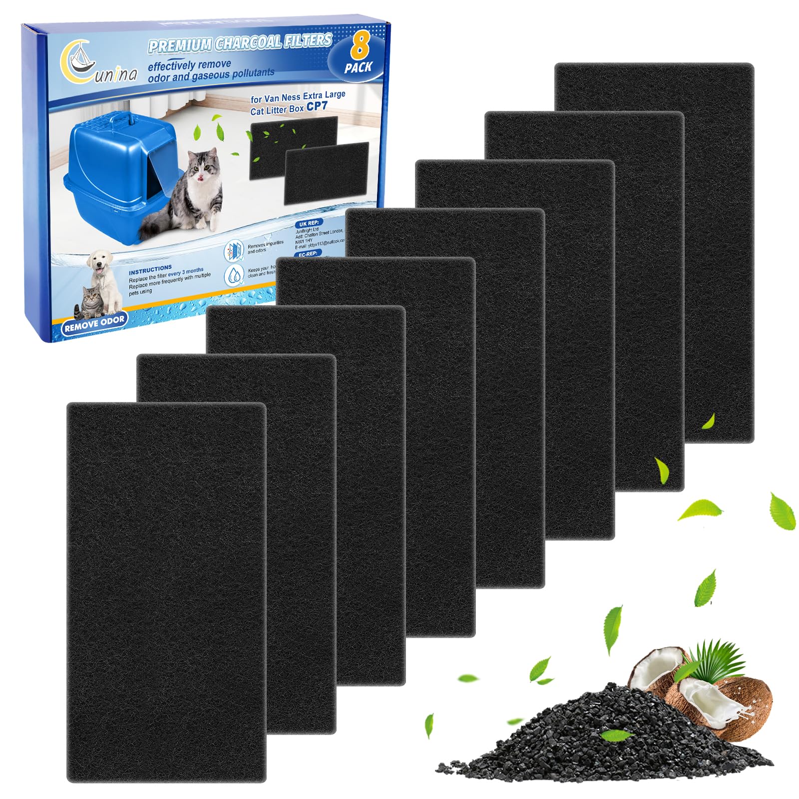 Cunina 8Pcs Cat Litter Box Filter Compatible With Van Ness Cp7 Blue Extra Large Cat Litter Box, Activated Charcoal Odor Control 