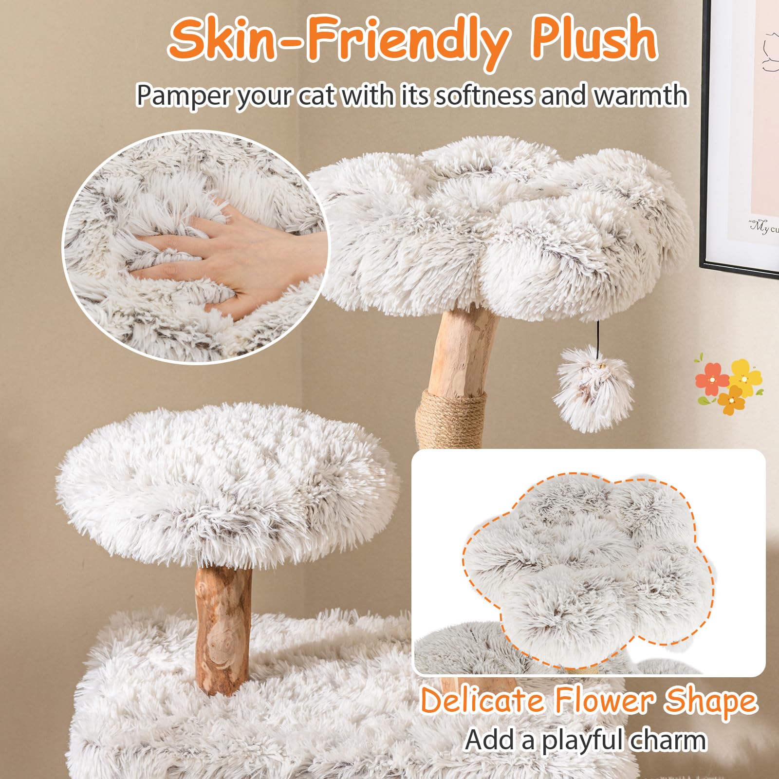 Tangkula Modern Cat Tree, 53 Inch Tall Natural Branch Wooden Cat Tower With Jute Scratching Posts, Plush Perch, Condo, Aesthetic