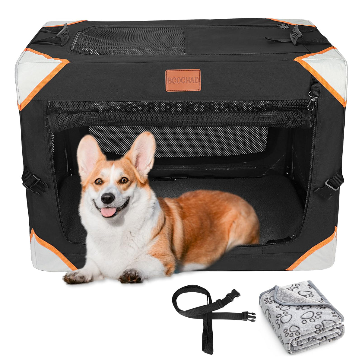 Bcochao Collapsible Dog Crate-Portable Dog Crates For Small Medium Dogs,4-Door Portable Pet Travel Crate,Sturdy/Breathable/Comfo