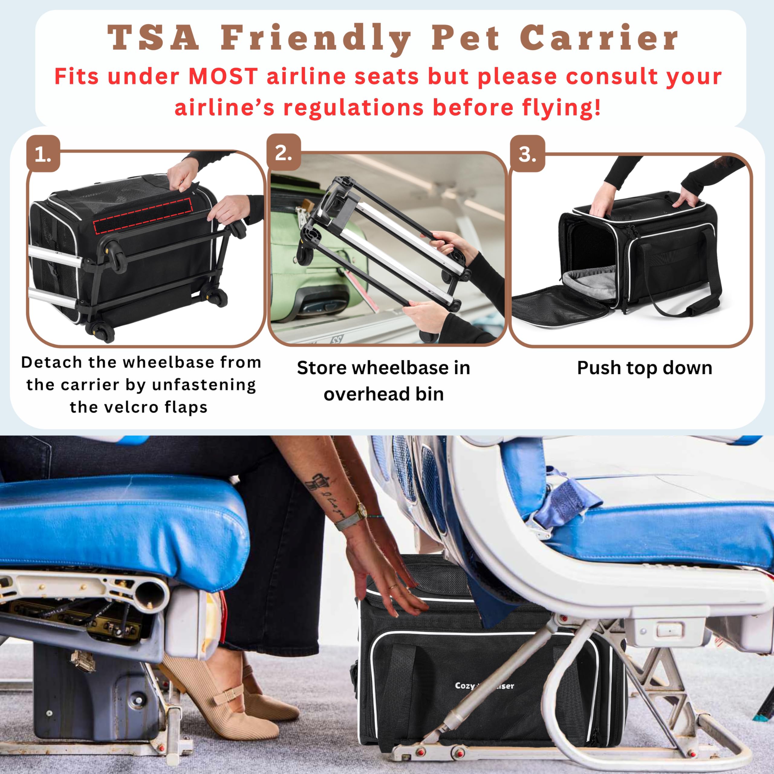Cozy Cruiser Airline Approved Top-Expanding Pet Carrier on Wheels- Extra Spacious Soft Lined Carrier! 18x11x11 (Expandable Sides