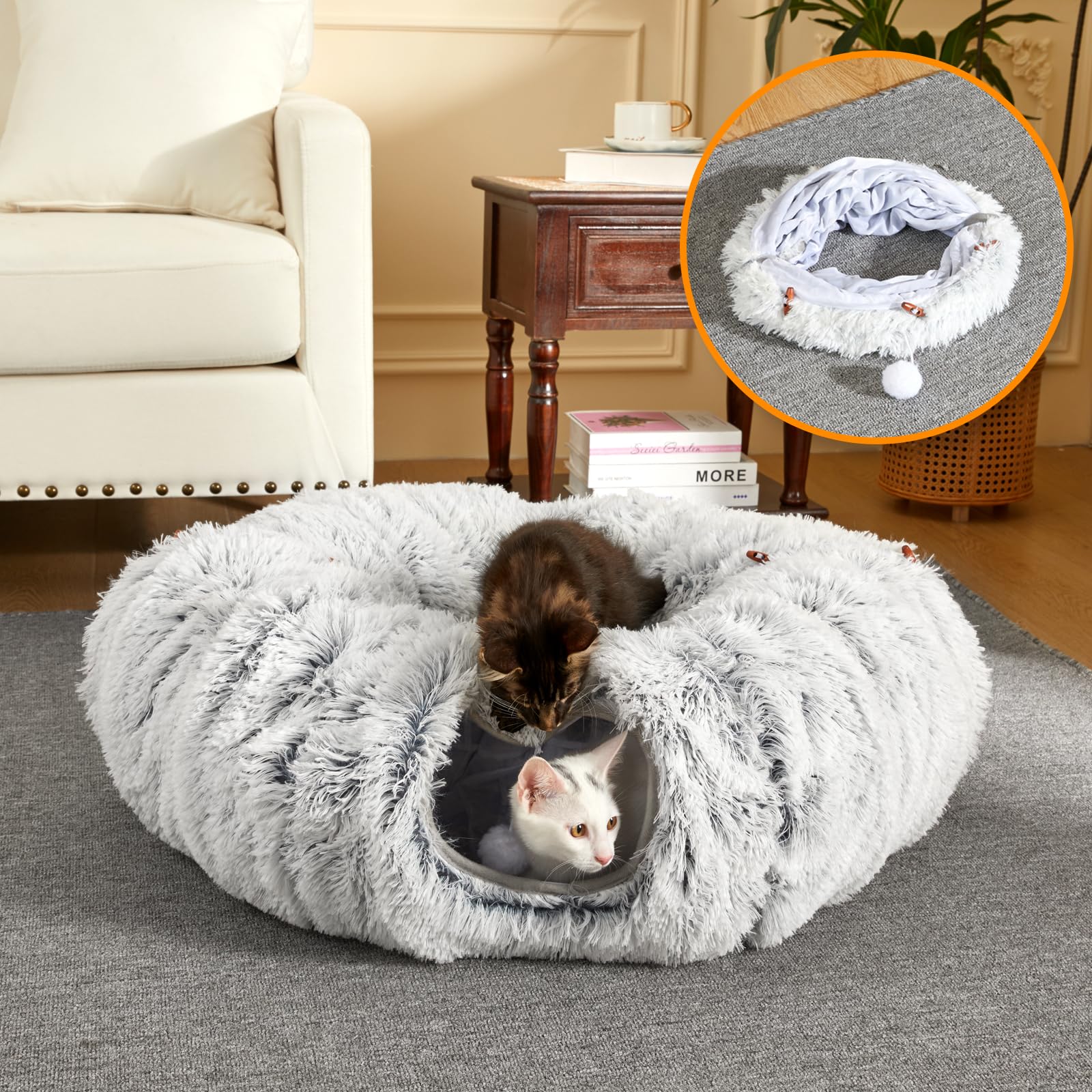 Bininl Tunnel Bed For Indoor Cats Peekaboo Cat Cave Donut With Washable Circle Cushion Interior Cat Play Tunnel (34 Inch, Grey)