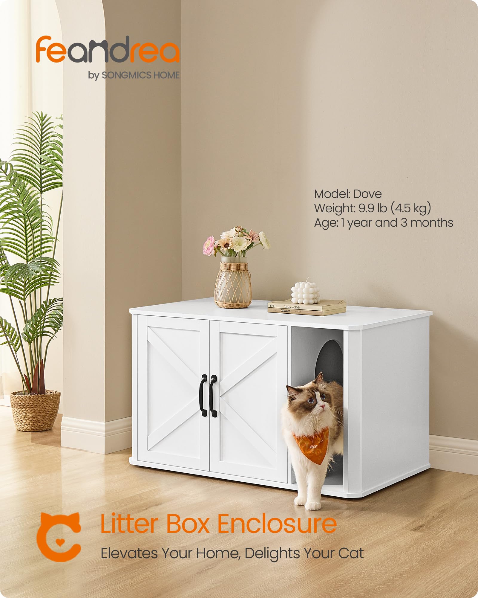 Feandrea Litter Box Enclosure, Modern Cat Litter Box Furniture Hidden, Front Entry, Double Doors, Handles, Cat House, Side End T
