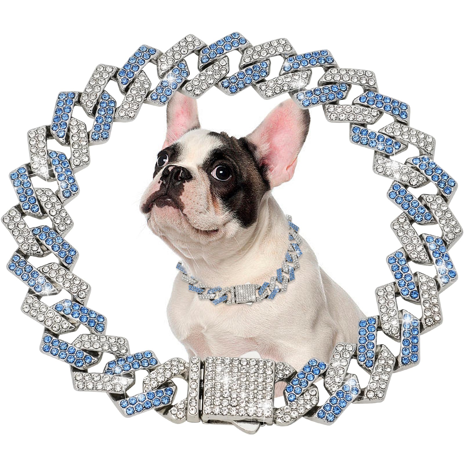 Blue Dog Chain Collar Diamond Link 15Mm Wide Dog Necklace Metal Cat Chains Pet Crystal Collars Jewelry Accessories For Small Med