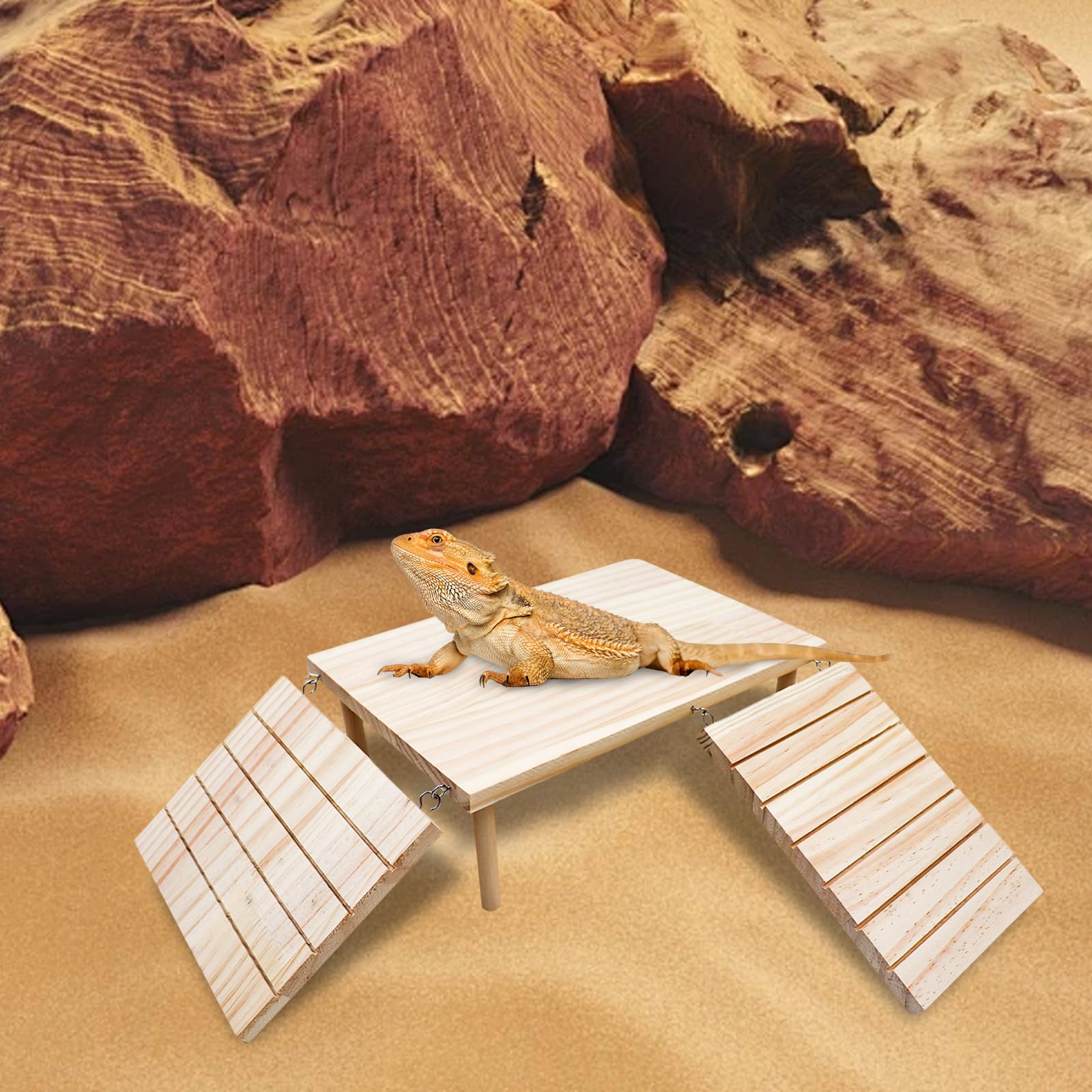 Bearded Dragon Tank Accessories, Wooden Basking Platform with Ramp, Reptile Basking Platform, Reptile Habitat Accessories for Be