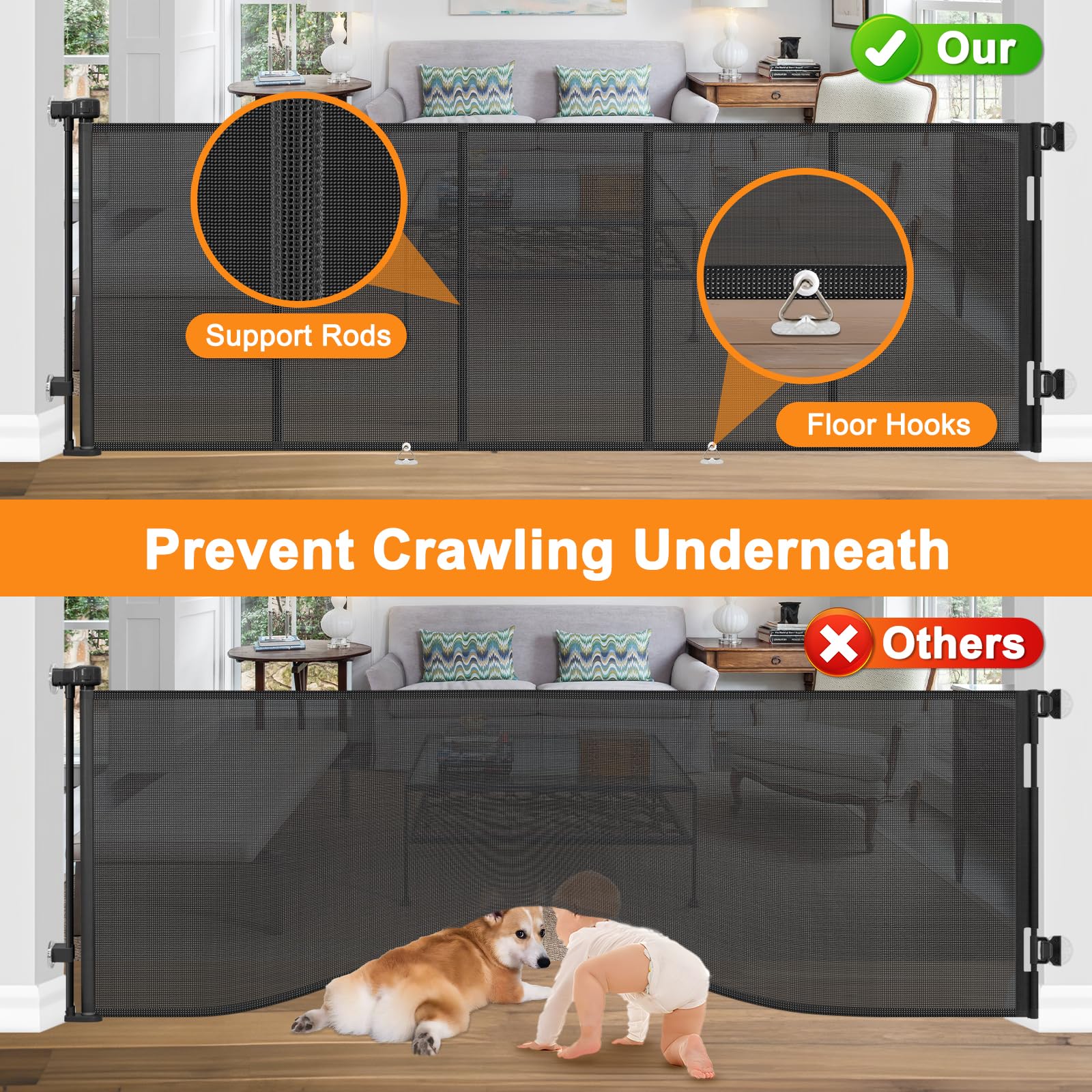 Reinforced No Drilling 100'' Wide Retractable Baby Gates Extra Wide Dog Gate with Support Bars Mesh Baby Gate No Drill Retractab