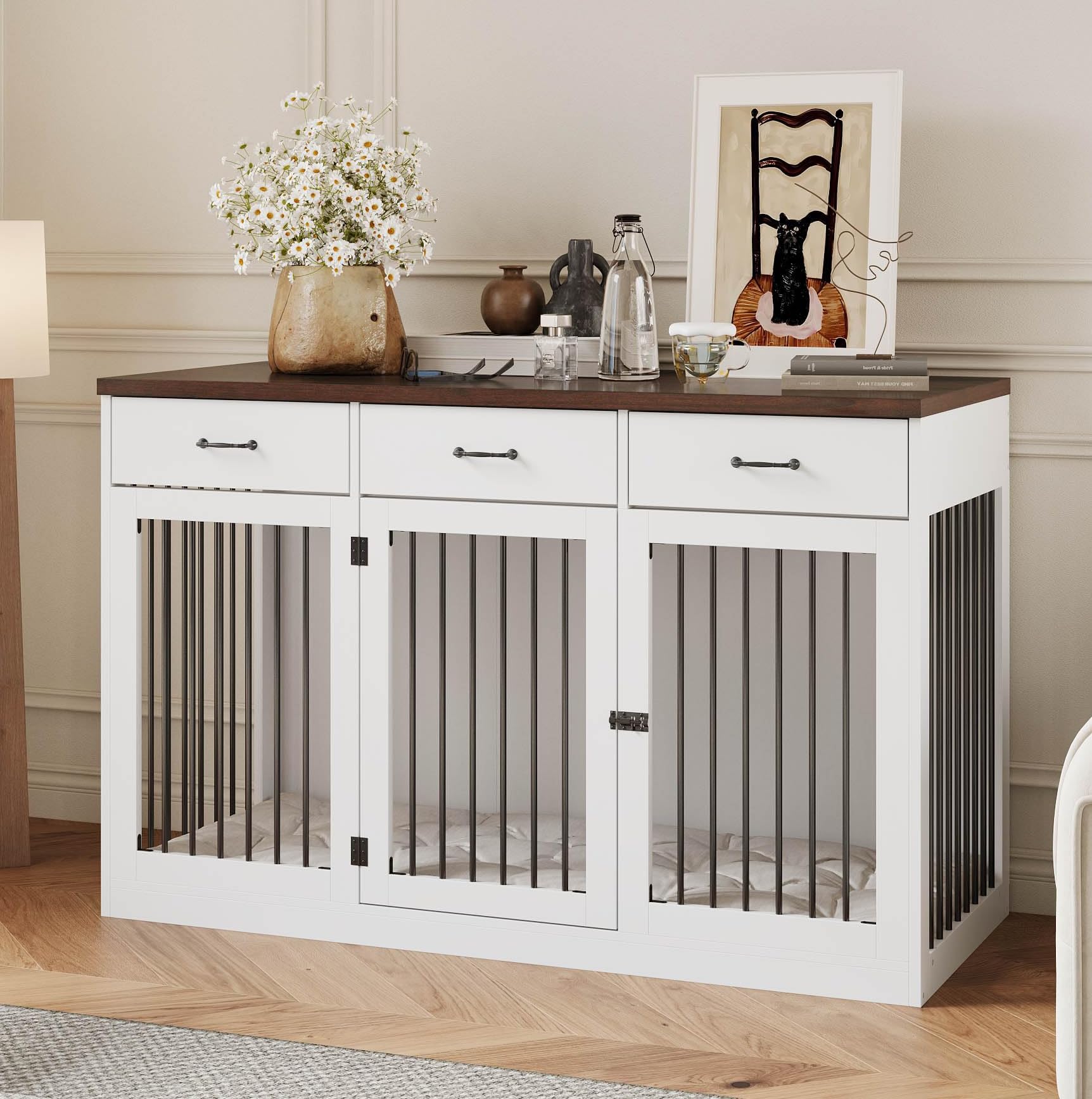 PIAOMTIEE 55.3  Extra Large Dog Crate Furniture, Indoor Heavy Duty Dog Kennel House with 3 Drawers, Modern Furniture Dog Crate S