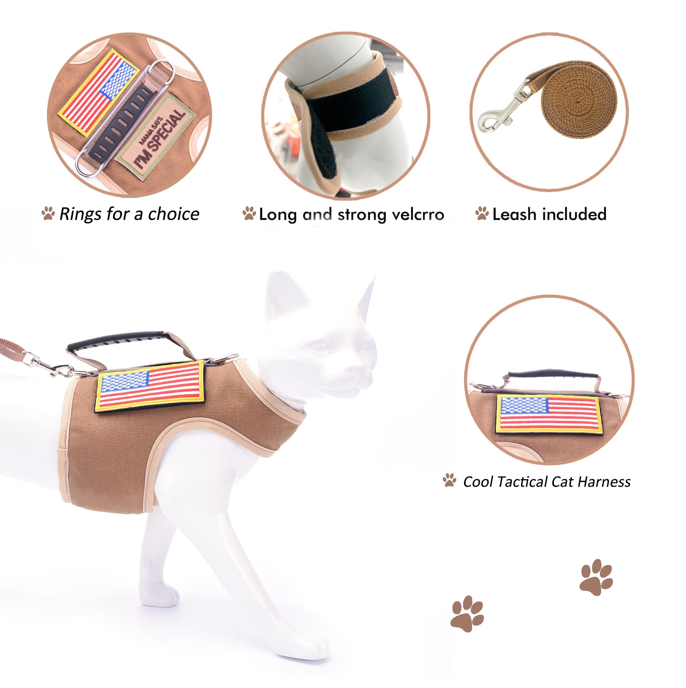 Tactical Kitty Harness And Leash For Walking Escape Proof, Adjustable Kitty Walking Jackets, Padded Stylish Kitty Vest, Khaki, X