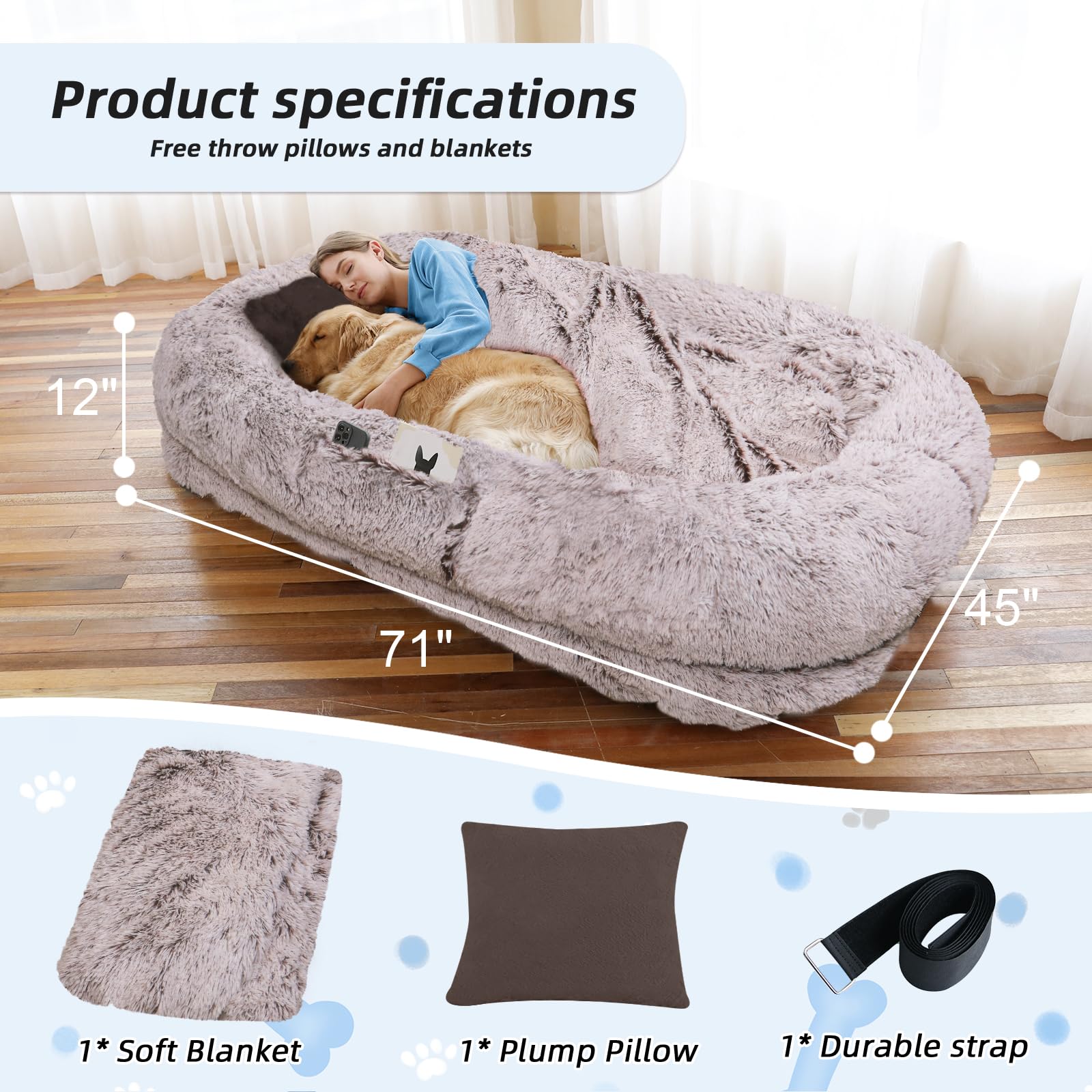Human Dog Bed, 71x45x12 Size Fits You and Pets, Washable Faux Fur Pet Bed for People Doze Off, Napping Orthopedic Dog Bed,