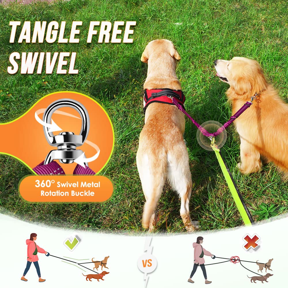 Autowt Double Dog Leash, No Tangle 360Swivel Rotation Reflective Lead Attachment Adjustable Length Dual Two Dogs Lead Splitter,
