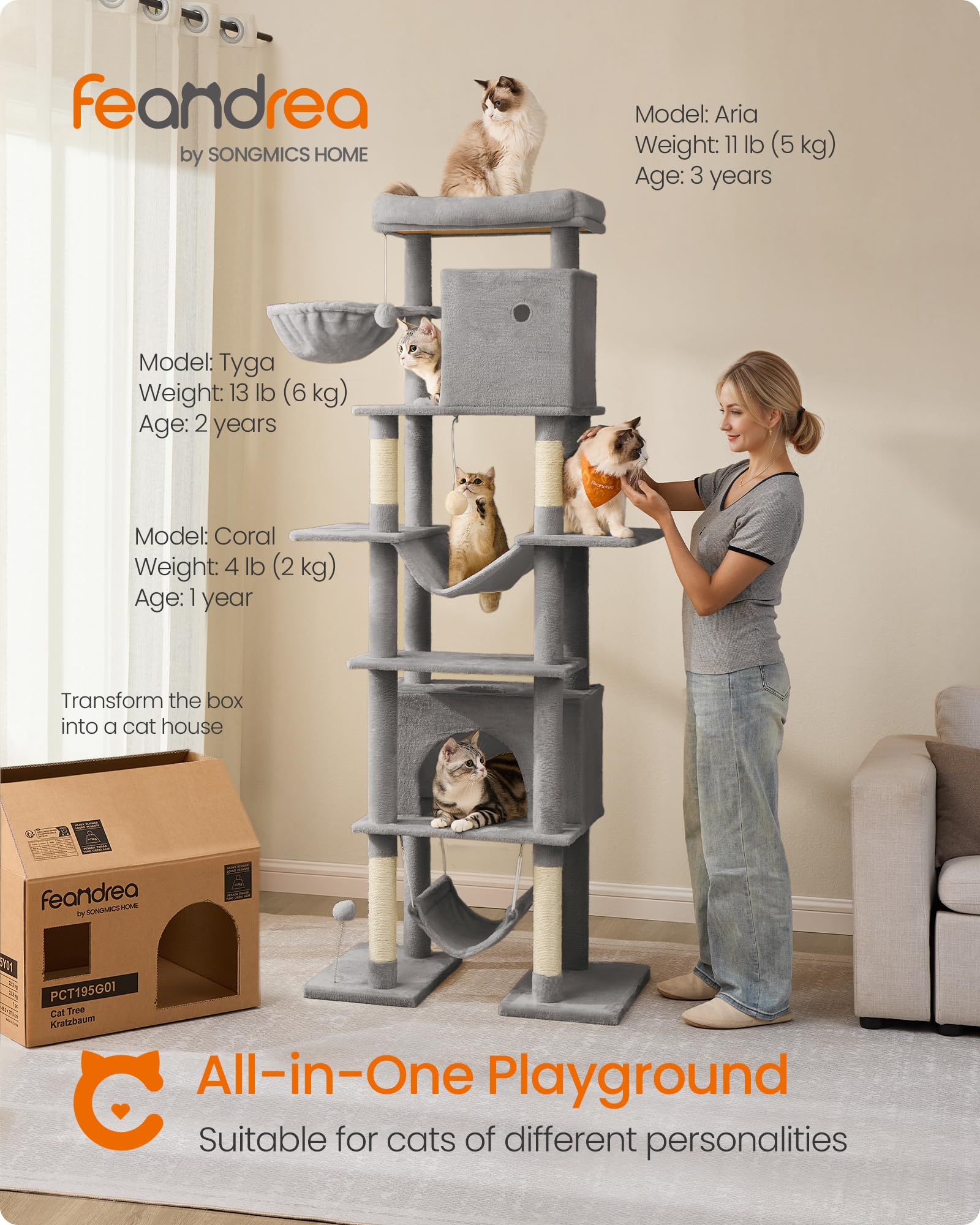 Feandrea Cat Tree, 79.1 Inch Tall Cat Tower for Indoor Cats, Multi-Level Large Cat Condo with 4 Scratching Posts, 2 Hammocks, a