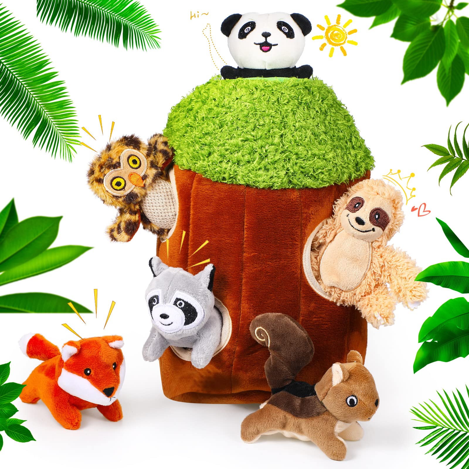 7 Pieces Dog Hide and Seek Toys Activity Puppy Chew Squeaky Toys Plush Stuffing Woodland Friends Stuffing with Squeakers for Sma