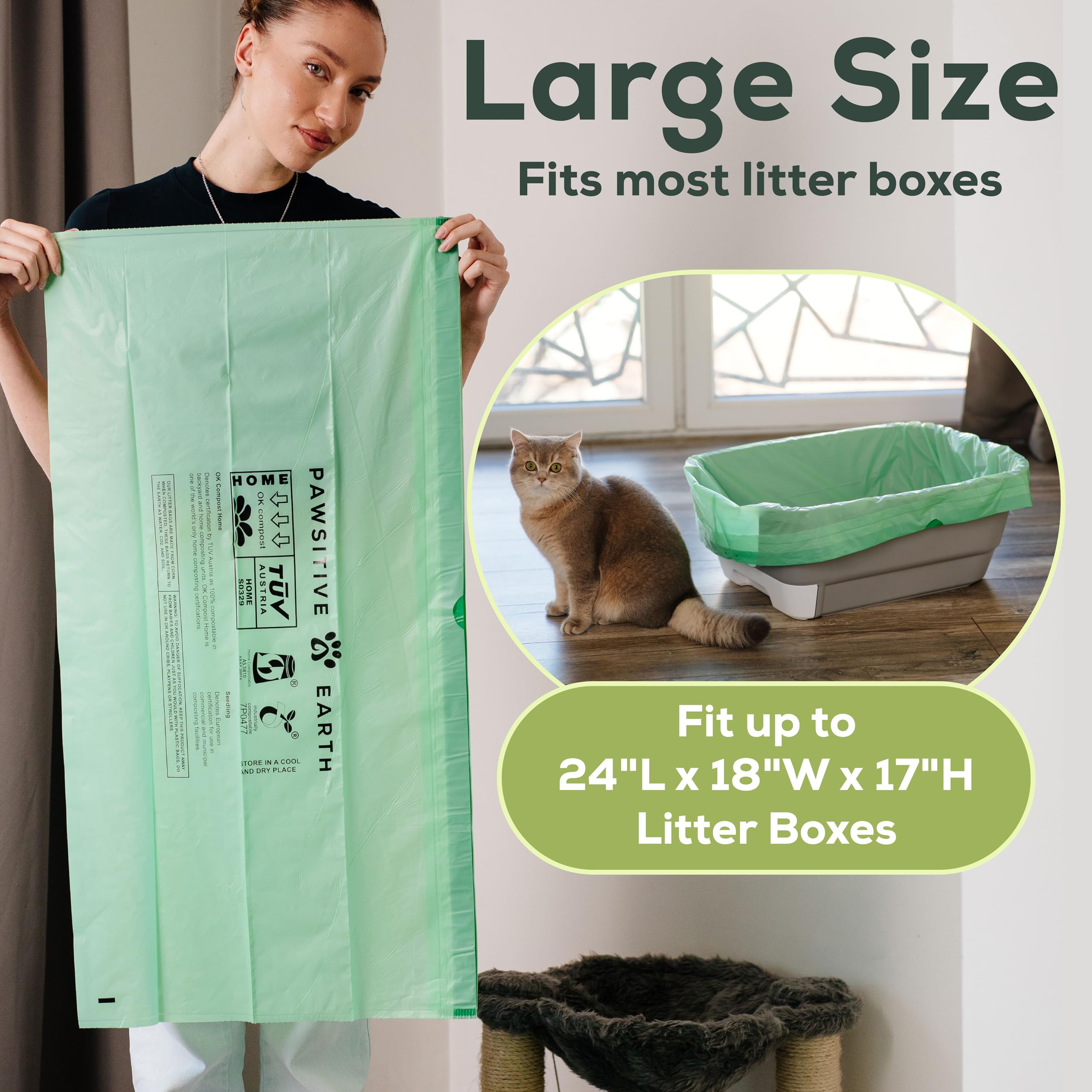 Cat Litter Box Liners 100% Compostable - Drawstring Close - 20 Count - Jumbo Size 36'' X 19'' - Tear & Leak Resistant - Ok Compo