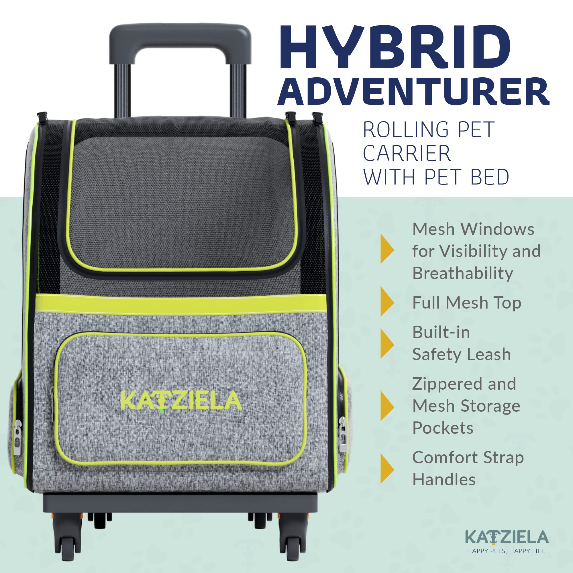 Katziela Wheeled Pet Carrier Backpack - Soft Sided, Airline Approved Hiking Carrying Bag For Small Dogs And Cats ?Removable Rolling Wheels ?Mesh Ventilation Windows, Storage Pockets (Green/Gray)