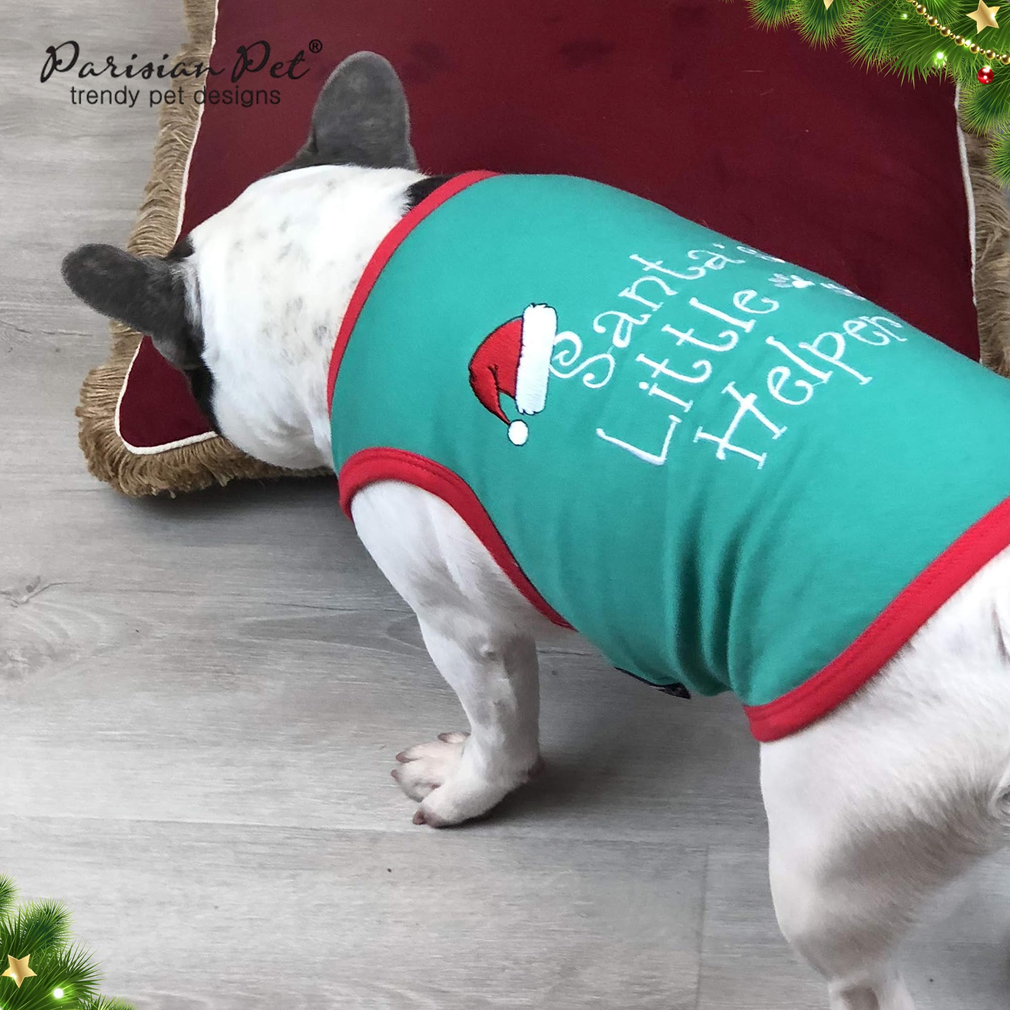 Parisian Pet Dog Tshirt - Embroidered “ Santa’S Little Helper “ Dog Shirt - Lightweight Cotton Dog Christmas Outfit - Sleeveless Christmas Dog Clothes - Dog Shirts For Small Dogs - Xxs