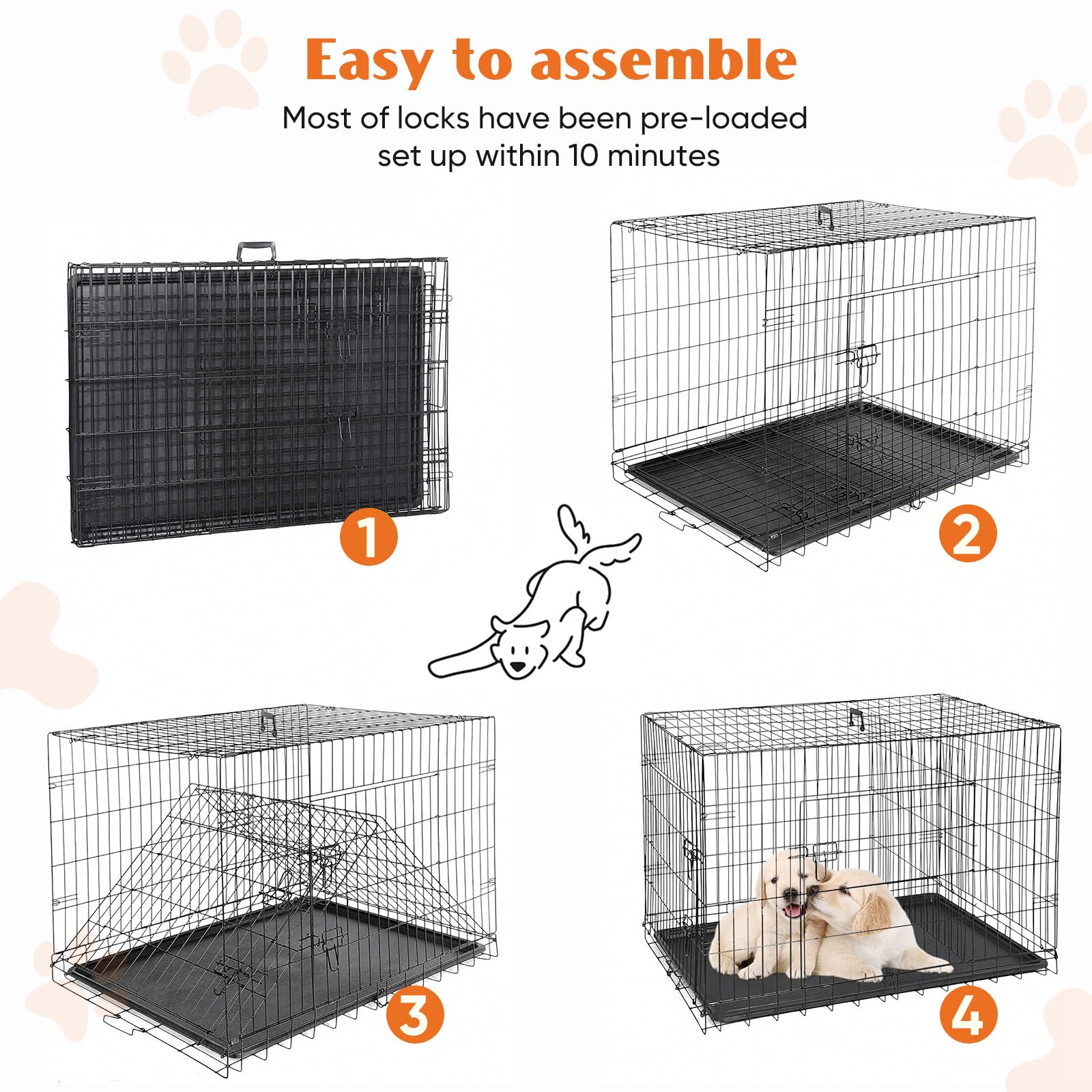 Sweetcrispy Dog Crate With Divider Panel, 42 Inch Double Door Folding Metal Wire Dog Cage With Plastic Leak-Proof Pan Tray, Larg
