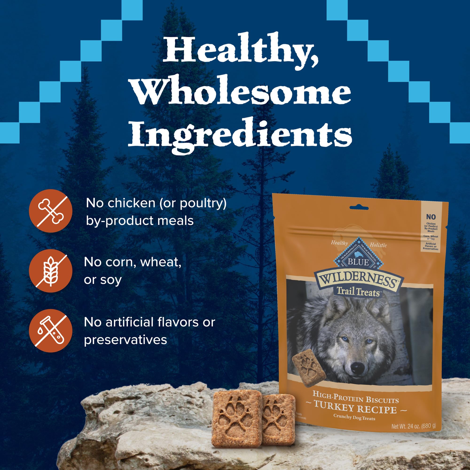 Blue Buffalo Wilderness Trail Treats High Protein Grain Free Dog Biscuits Crunchy Dog Treats, Turkey Recipe, 24-oz Bag