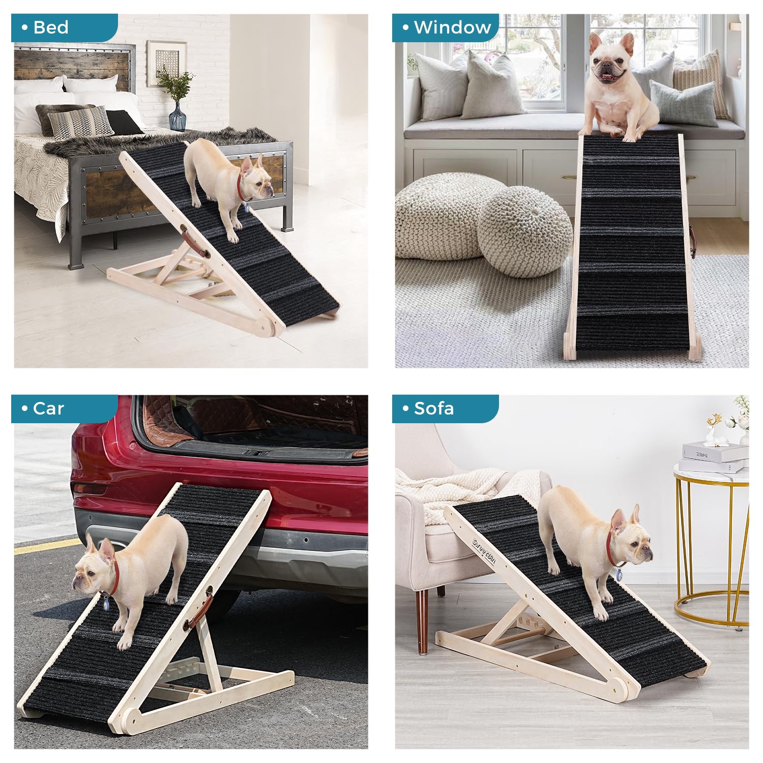 Sweetbin Wooden Adjustable Pet Ramp For All Dogs And Cats - Non Slip Carpet Surface And Foot Pads - 40' Long And Adjustable From 12” To 26” - Up To 200Lbs - Folding Dog Car Ramps For Suv, Bed, Couch