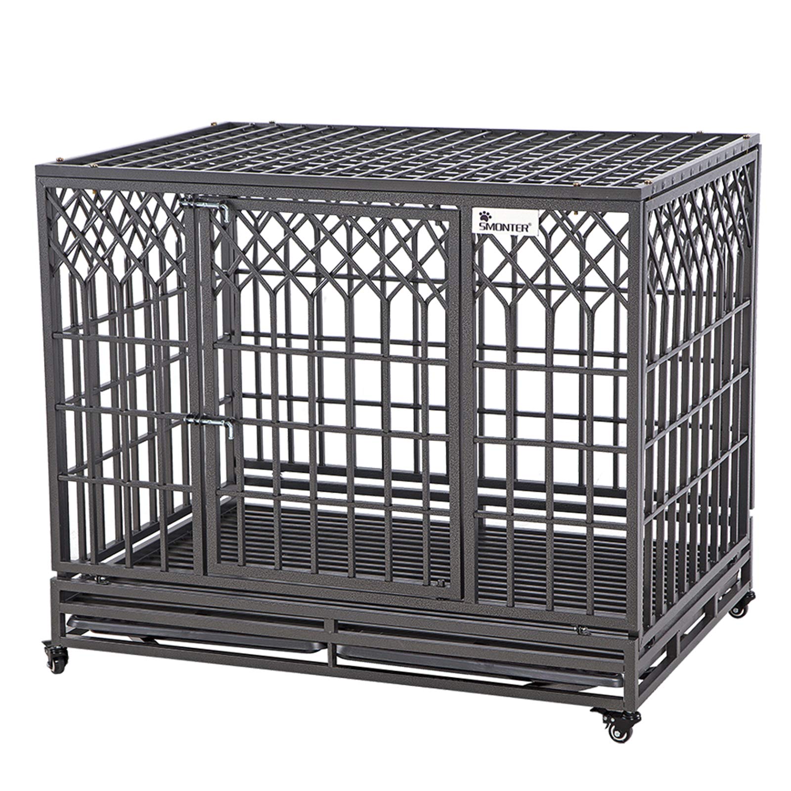 Smonter 46'' Heavy Duty Dog Crate Strong Metal Pet Kennel Playpen With Two Prevent Escape Lock, Large Dogs Cage With Wheels, Y S