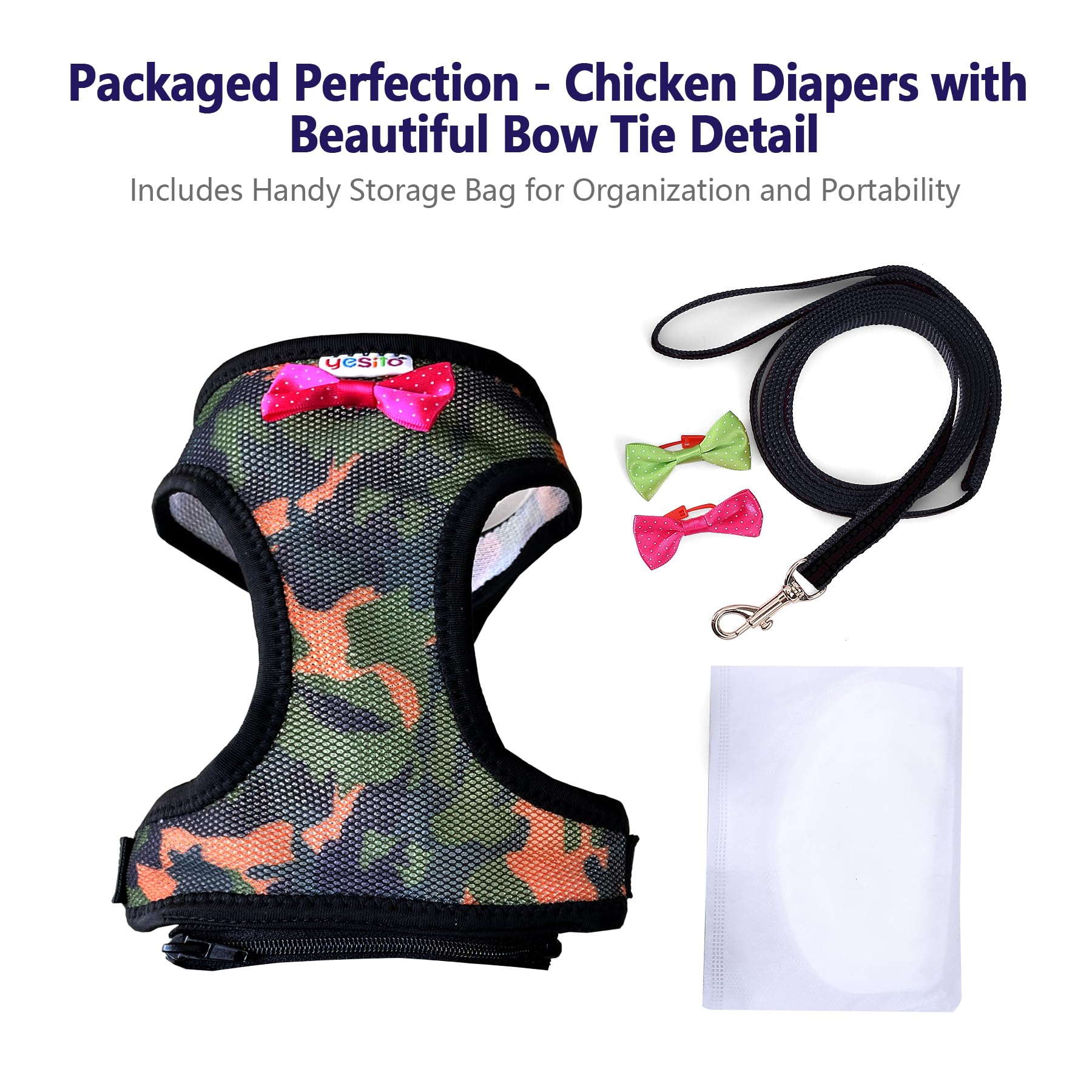 Yesito Premium Adjustable Chicken Harness with Camouflage Design & Comfortable Breathable Fabric - Includes Resilient 5.4ft Matc