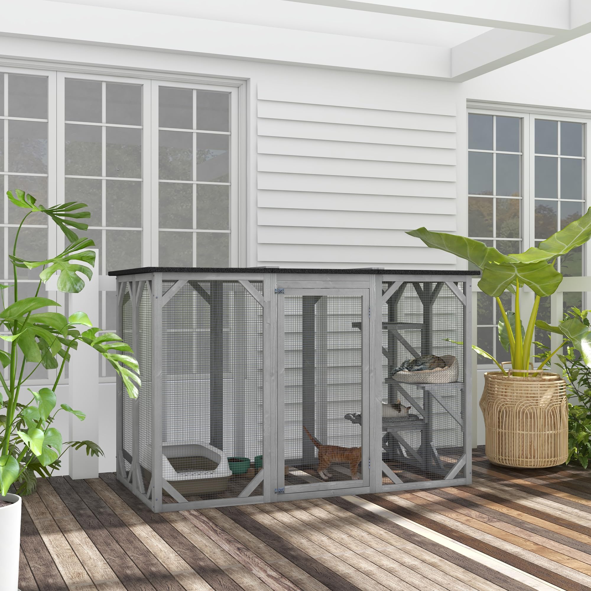Pawhut Outdoor Cat House, Catio Wooden Feral Cat Shelter, Cat Cage With Platforms, Large Enter Door, Weather Protection Asphalt Roof, 71' L, Gray