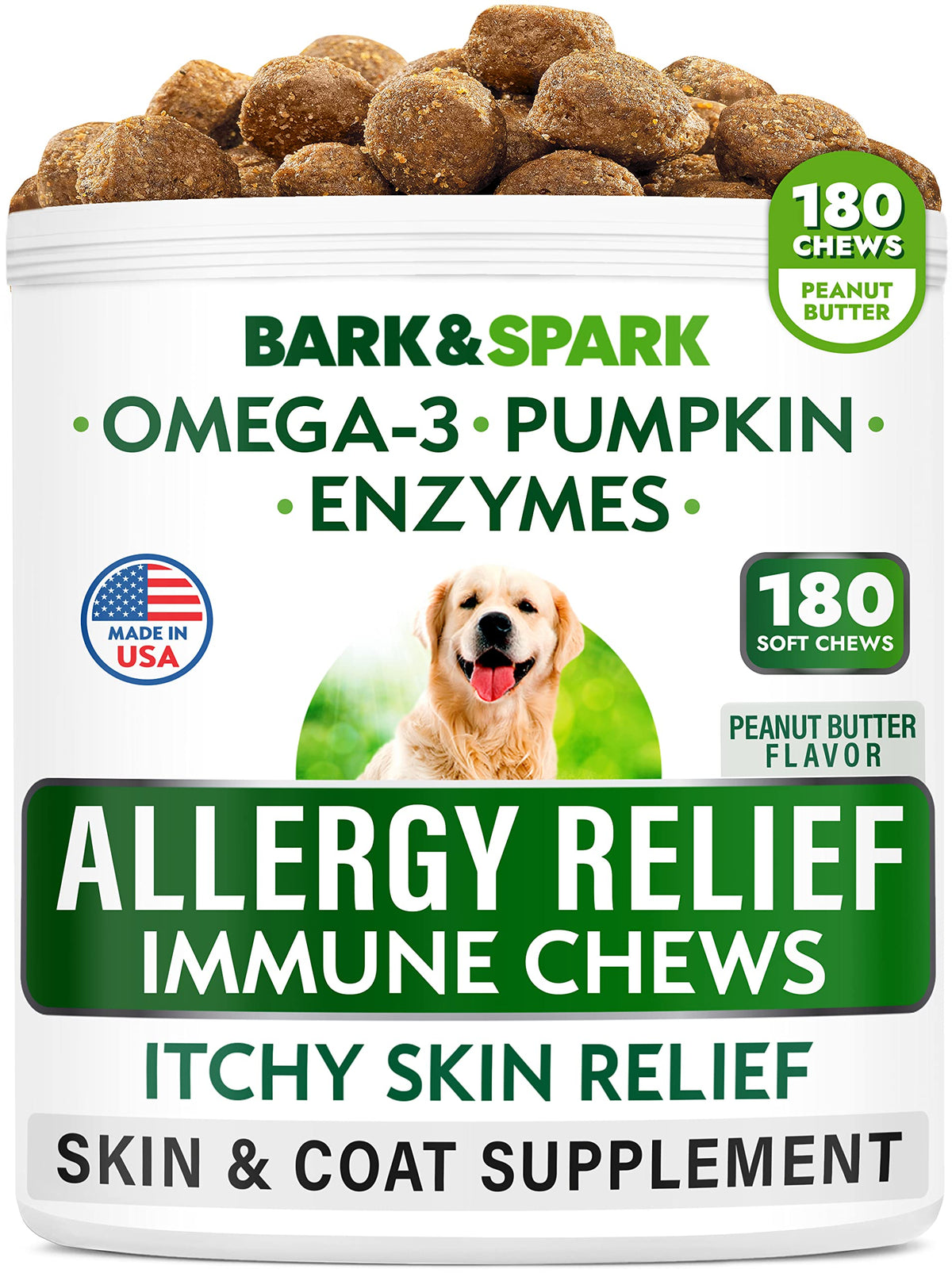 Dog Allergy Relief Chews - Anti-Itch Skin & Coat Supplement - Omega 3 Fish Oil - Itchy Skin Relief Treatment Pills - Itching & Paw Licking - Dry Skin & Hot Spots - (180 Immune Treats - Peanut Butter)