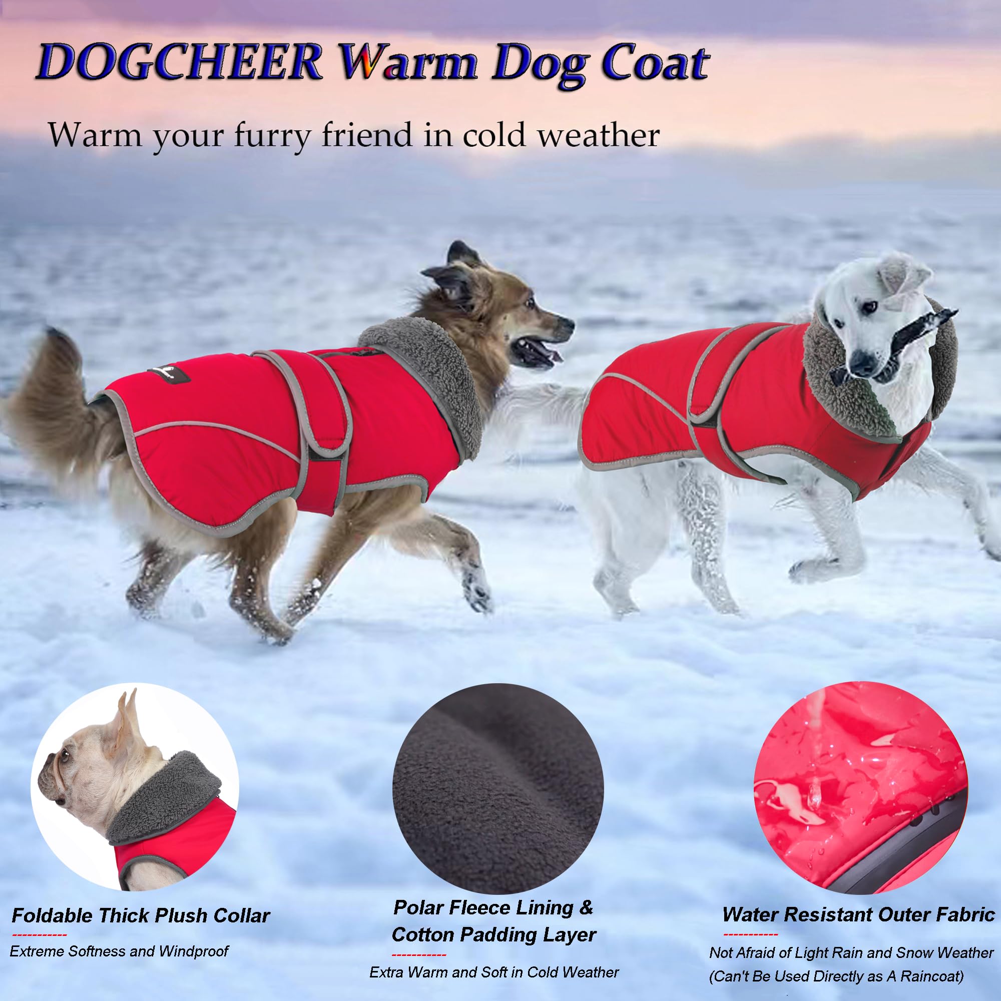 Dogcheer Dog Coat, Christmas Dog Jacket Waterproof Dog Winter Coat for Cold Weather, Reflective Dog Winter Jacket Warm Turtlenec