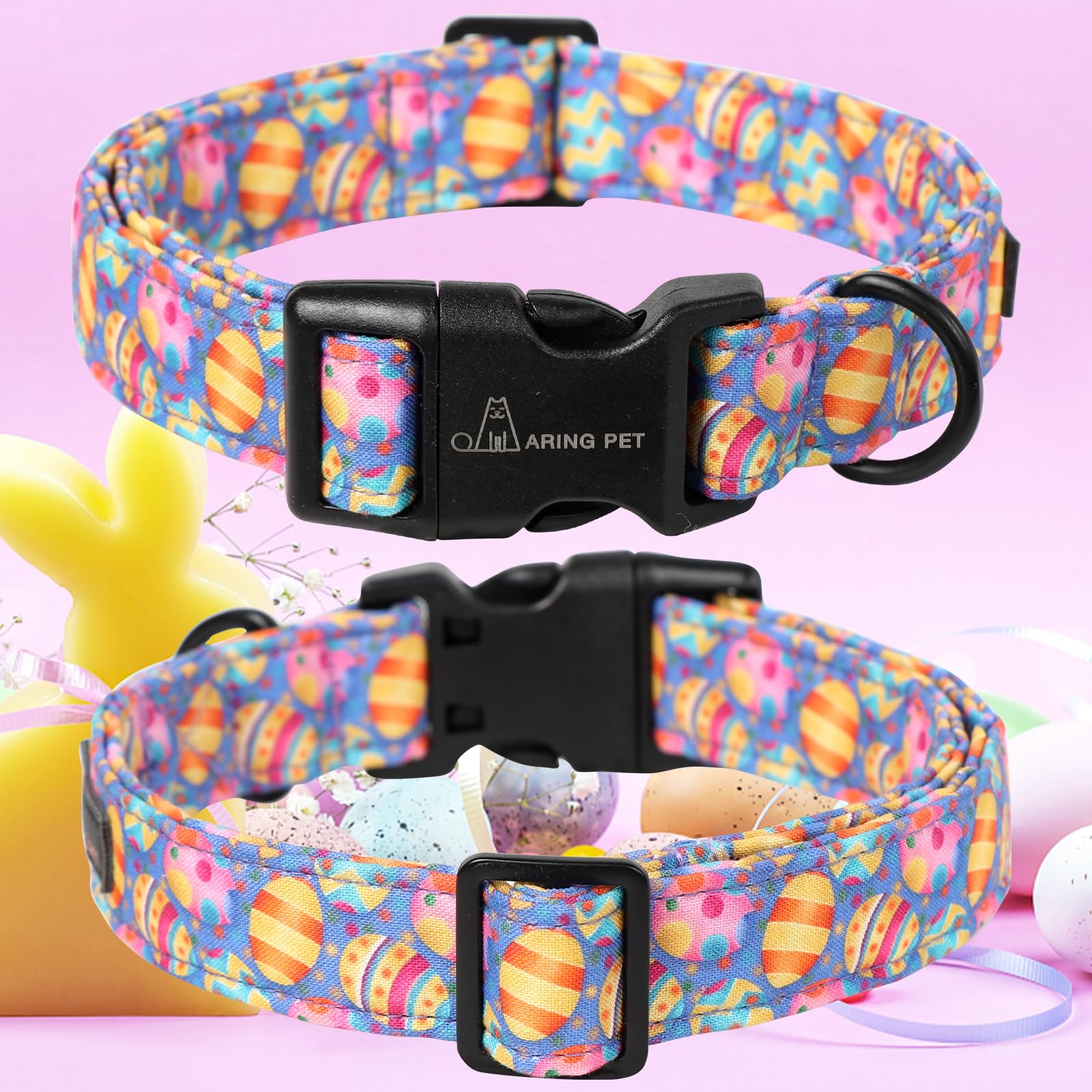 Aring Pet Cute Dog Collar With Easter Eggs, Adjustable Cotton Purple Collar For Puppies With Quick Release Buckle