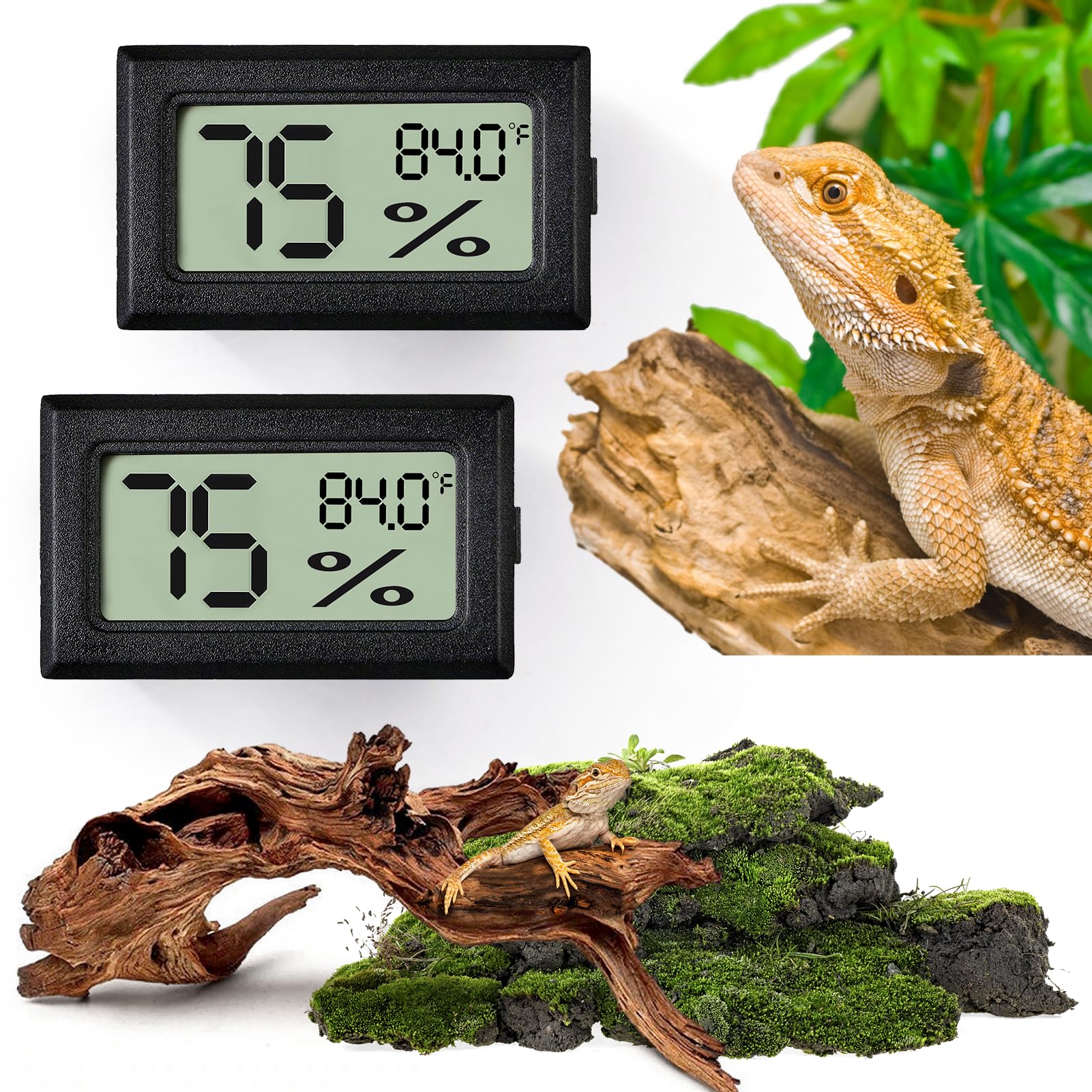 Reptile Thermometer And Humidity Gauge,2Pcs Digital Hygrometer Adhesive Reptile Terrarium Hydrometer,Bearded Dragon Tank Accesso