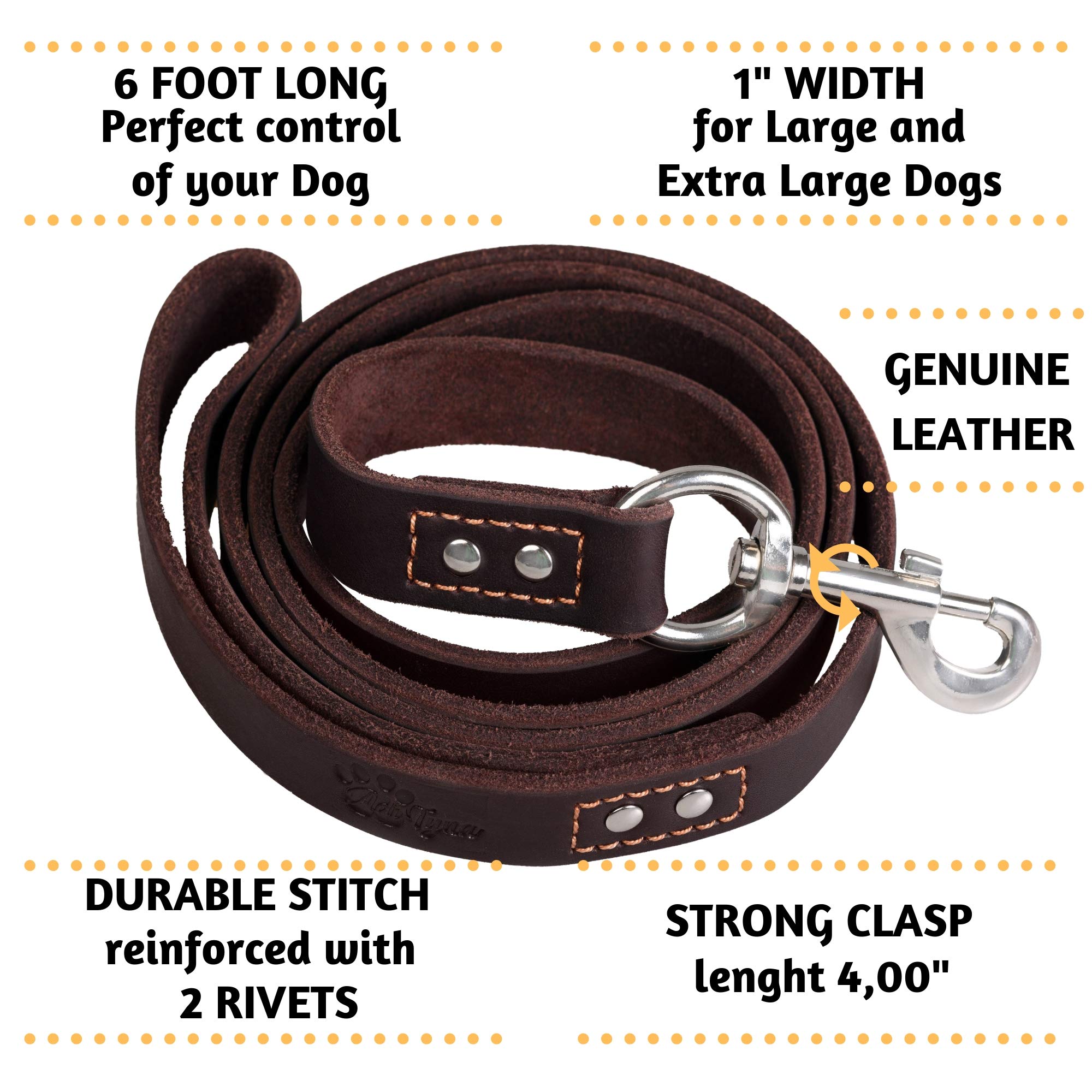 Adityna Heavy Duty Leather Dog Leash 6 Ft X 1'' - Strong, Soft Training Lead For Large & Extra Large Breeds (Xl - 6 Ft X 1 Inch,