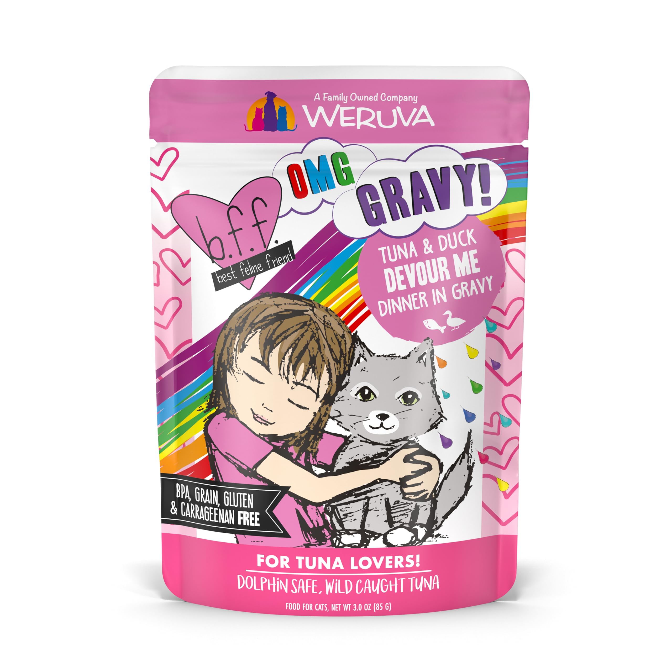 Weruva B.F.F. OMG - Best Feline Friend Oh My Gravy!, Tuna & Duck Devour Me with Tuna & Duck in Gravy Cat Food, 3oz Pouch (Pack o