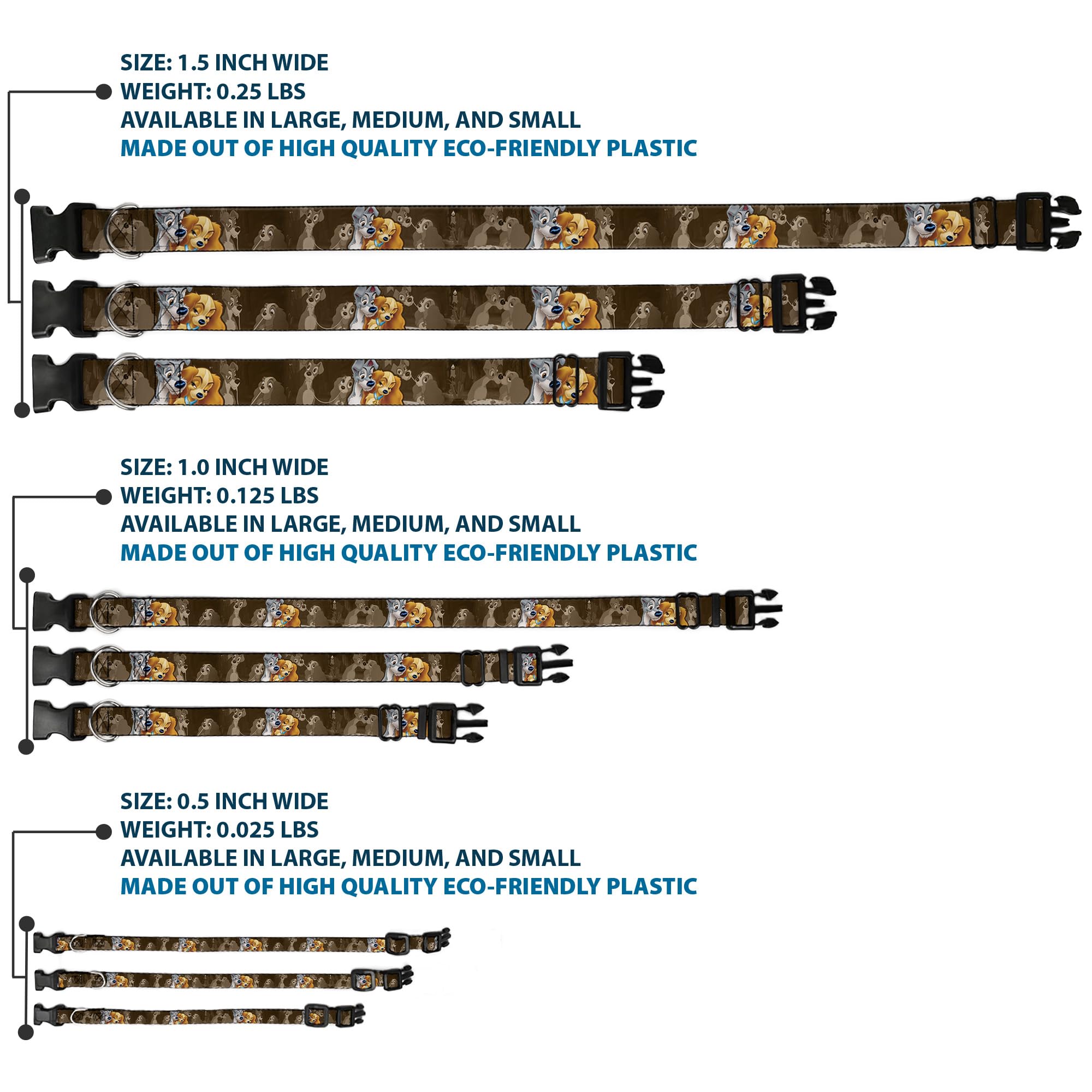 Buckle-Down Pc-Wdy372-S Plastic Clip Collar-Lady And Tramp 2-Poses/Spaghetti Kiss Scene Browns, 1'' W-9-15'' Neck-Small