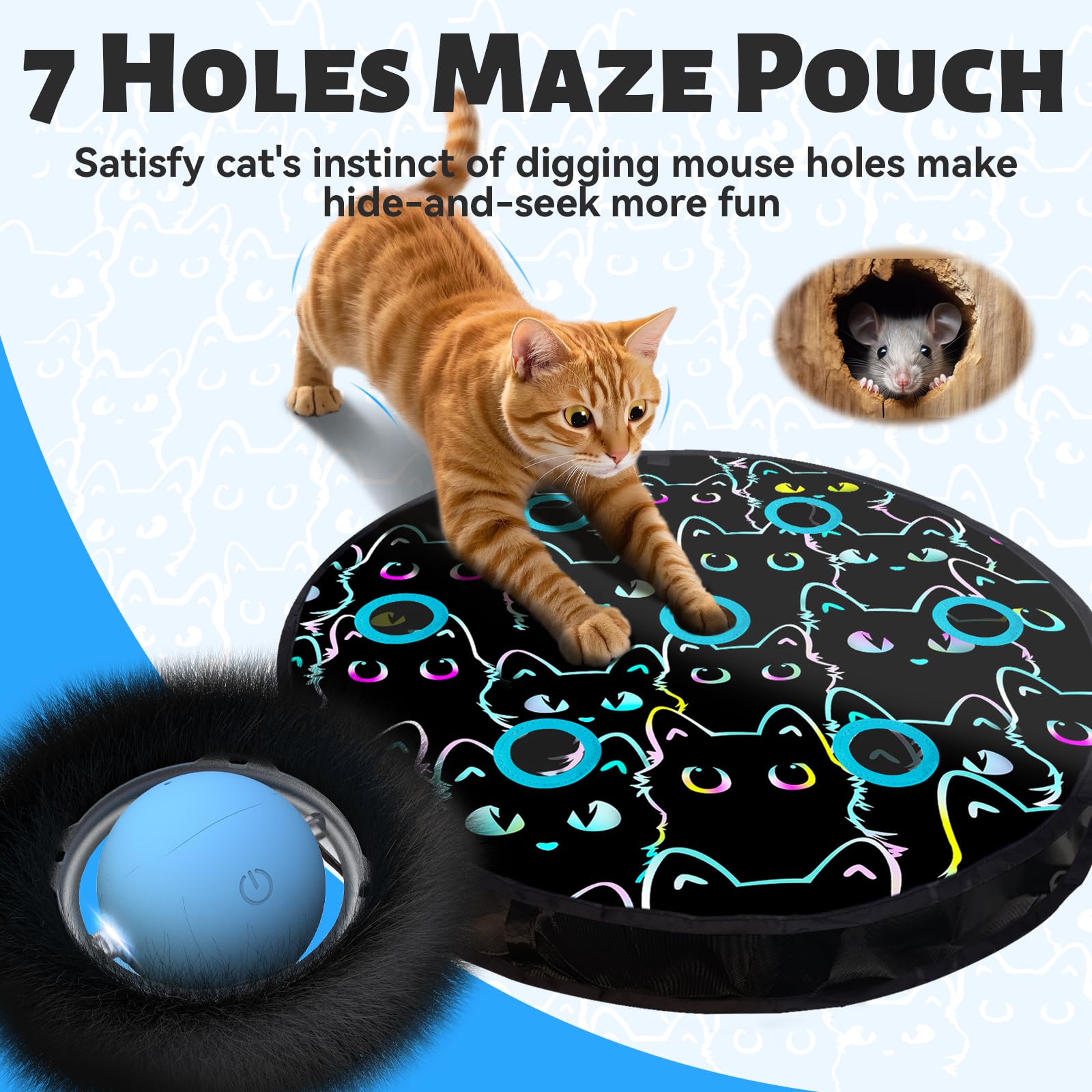 ORSDA Cat Toys, Interactive Fast Rolling Ball in Pouch, Hide and Seek for Indoor Cats, Motion Chirping Activated Moving Ball, 7
