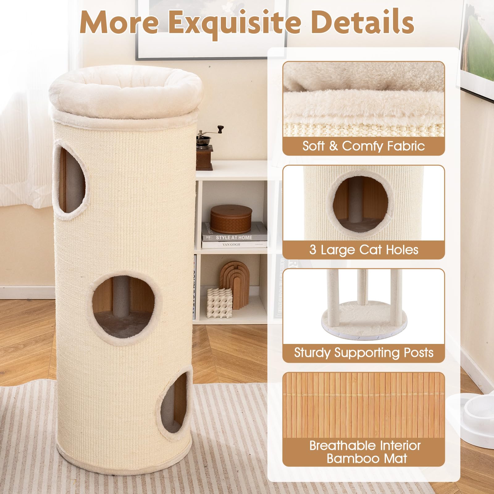 Tangkula 4-Story Cat Tree Condo, 49” Beige Cat House with Sisal Scratching Board, 3 Hideaways & Removable Plush Bed, Model 10299-PV