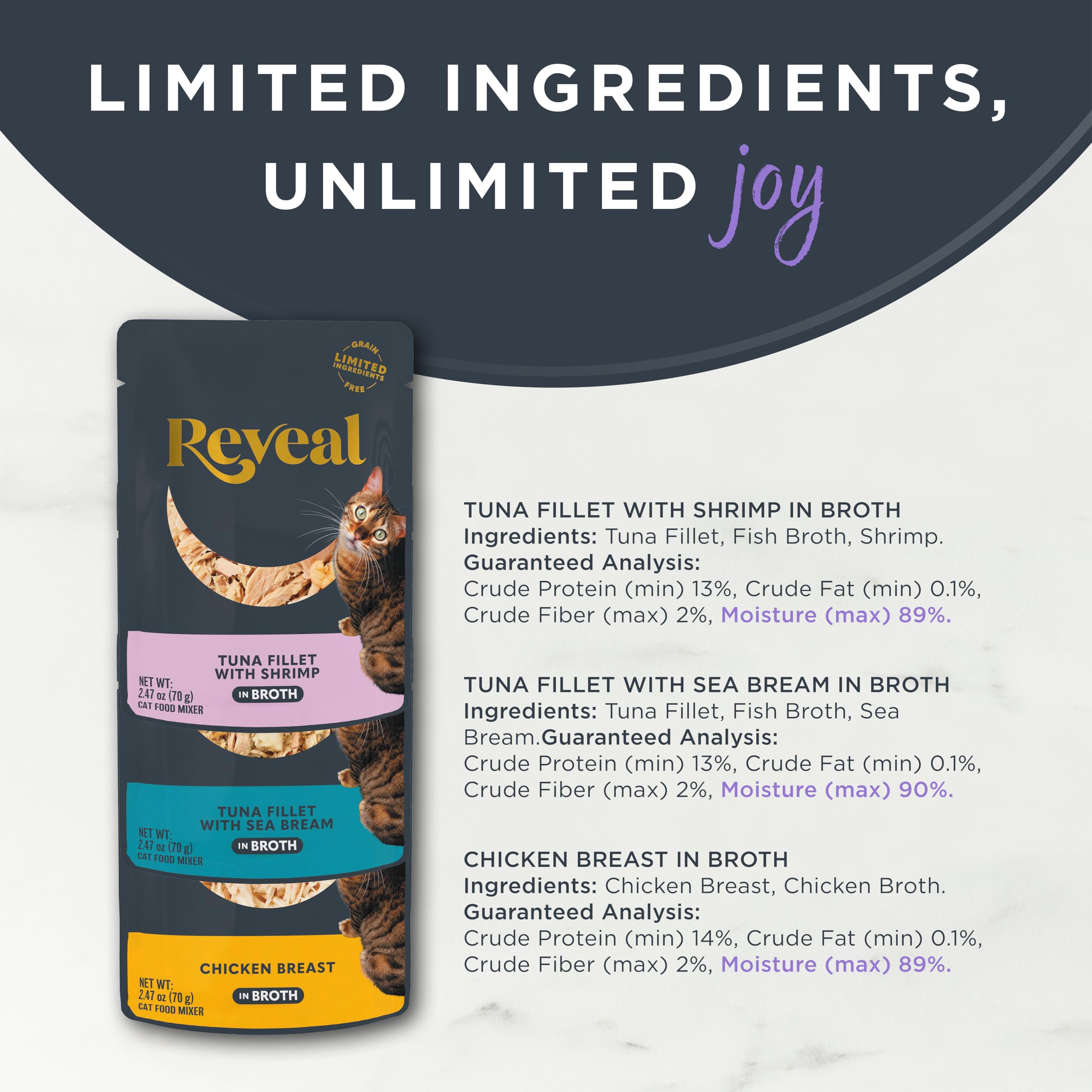 Reveal Natural Wet Cat Food, 12 Count, Grain Free, Limited Ingredient Cat Food Pouches, Fish and Chicken Variety in Broth, 2.47