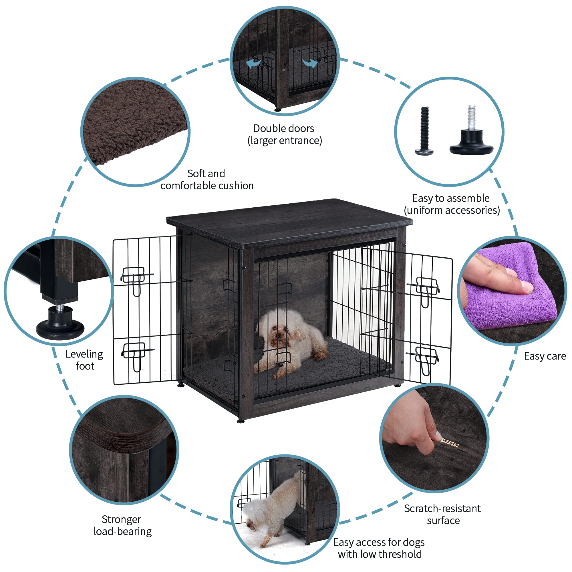 Dwanton Dog Crate Furniture With Cushion, Wooden Crate With Double Doors, Dog Kennel Indoor For Small/Medium/Large Dog, End Table, Small, 27.2' L, Dark Grey