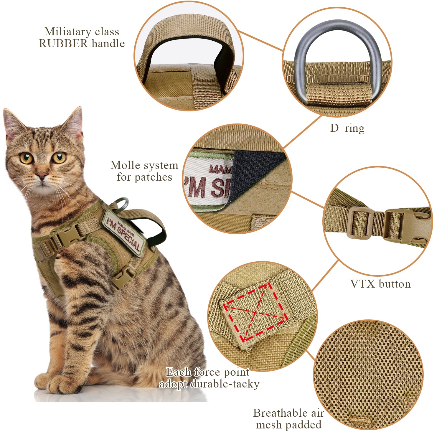 Tactical Cat Harness For Walking Escape Proof, Soft Mesh Adjustable Pet Vest Harness For Large Cat,Small Dog (Medium, Khaki)