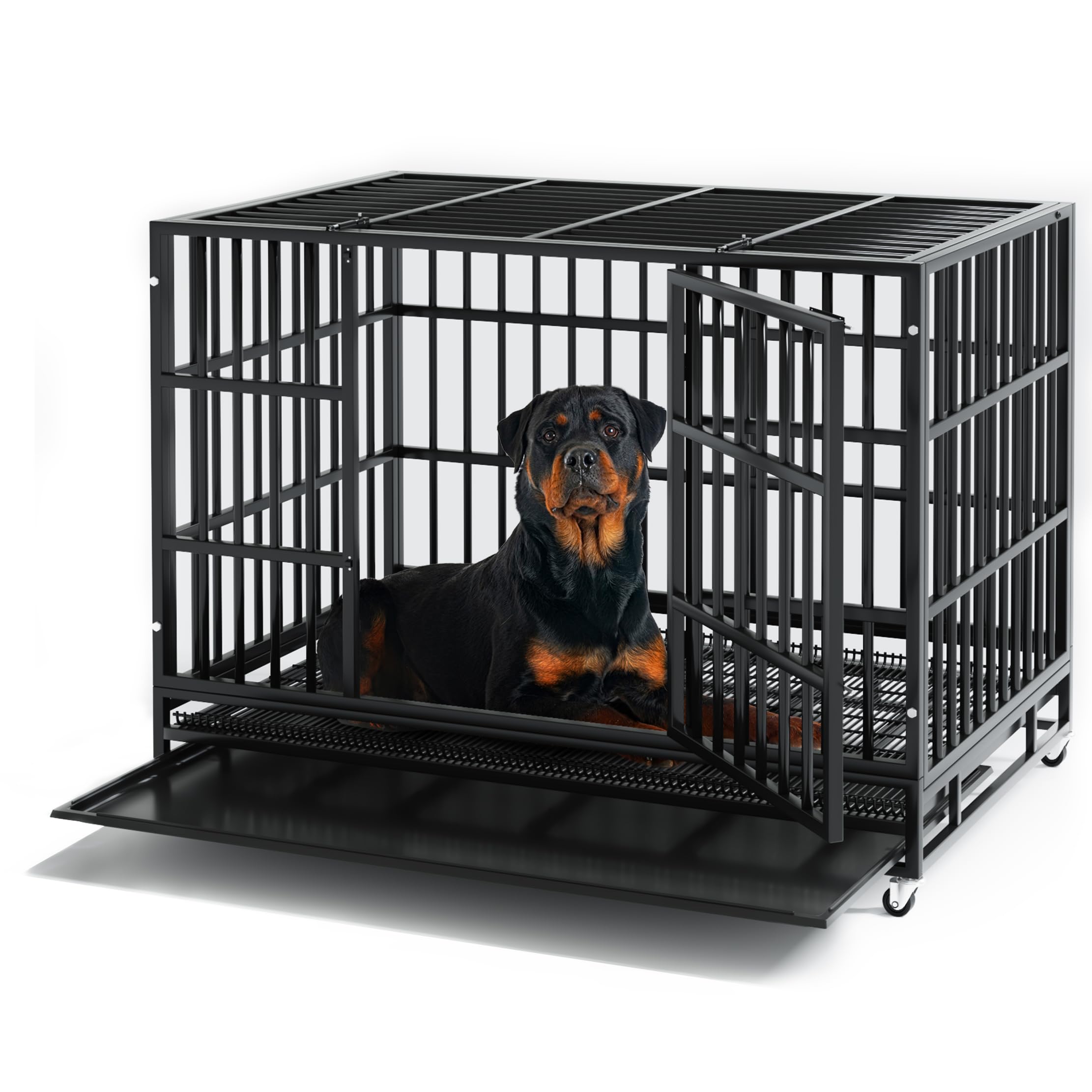 48 Inch Heavy Duty Dog Crate, Indestructible Dog Cage Kennel For High Anxiety Dog, Escape Proof & Sturdy Locks Design, Extra Lar