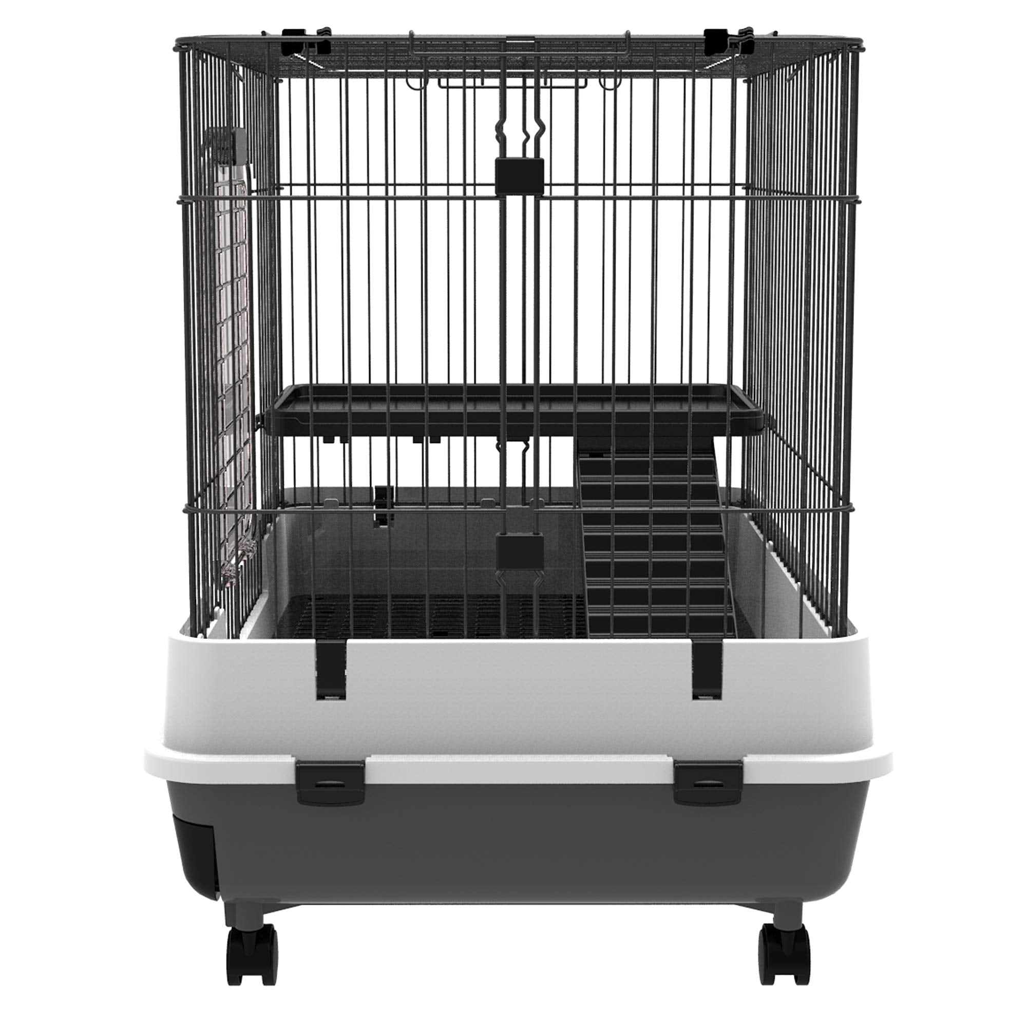 Pawhut 2-Level Small Animal Cage Rabbit Hutch With Wheels, Removable Tray, Platform And Ramp For Bunny, Chinchillas, Ferret, Black