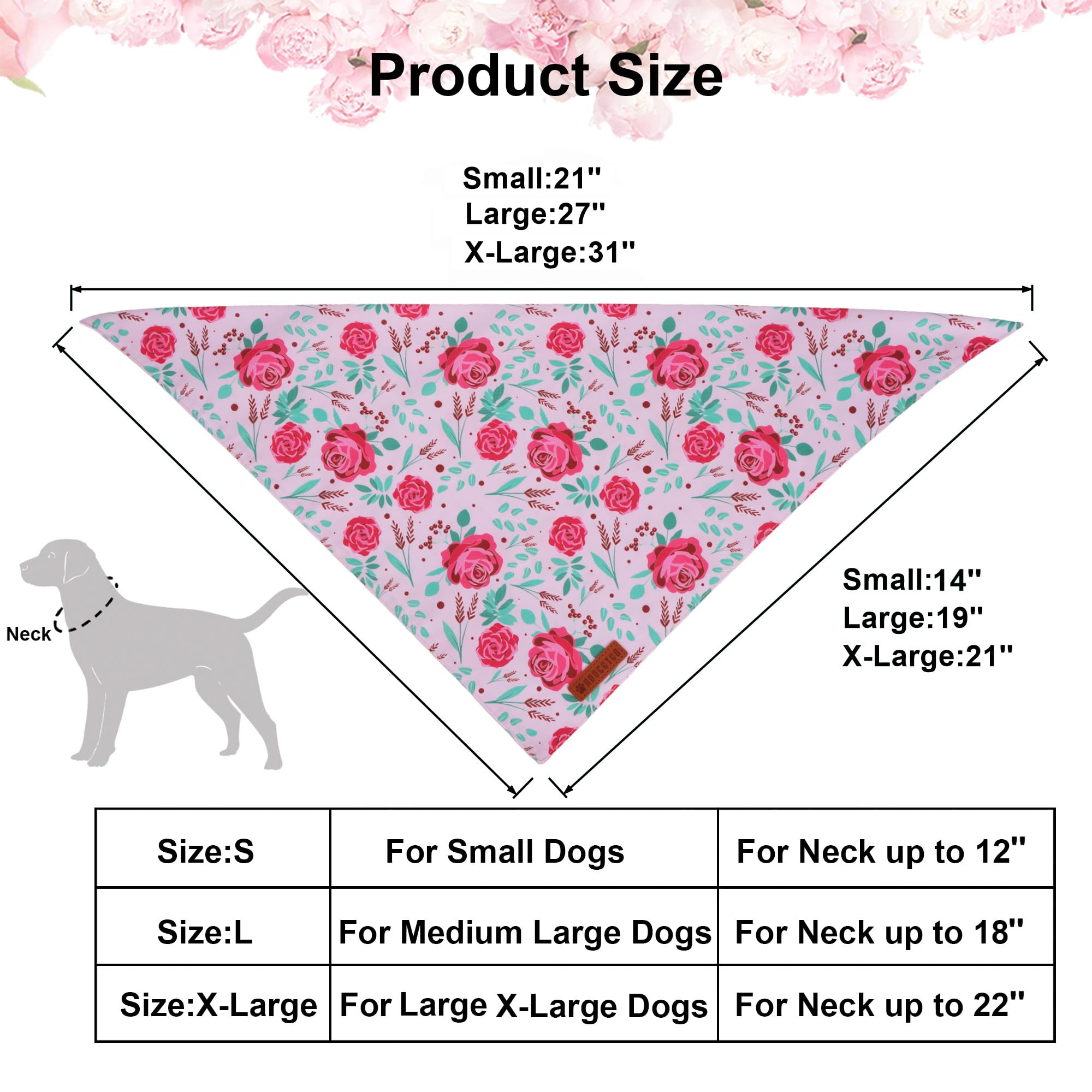 ADOGGYGO Floral Dog Bandana, Red Yellow Rose Pet Scarf, Adjustable Fit Flower Bandanas for Medium Large Dogs Pets (Large)